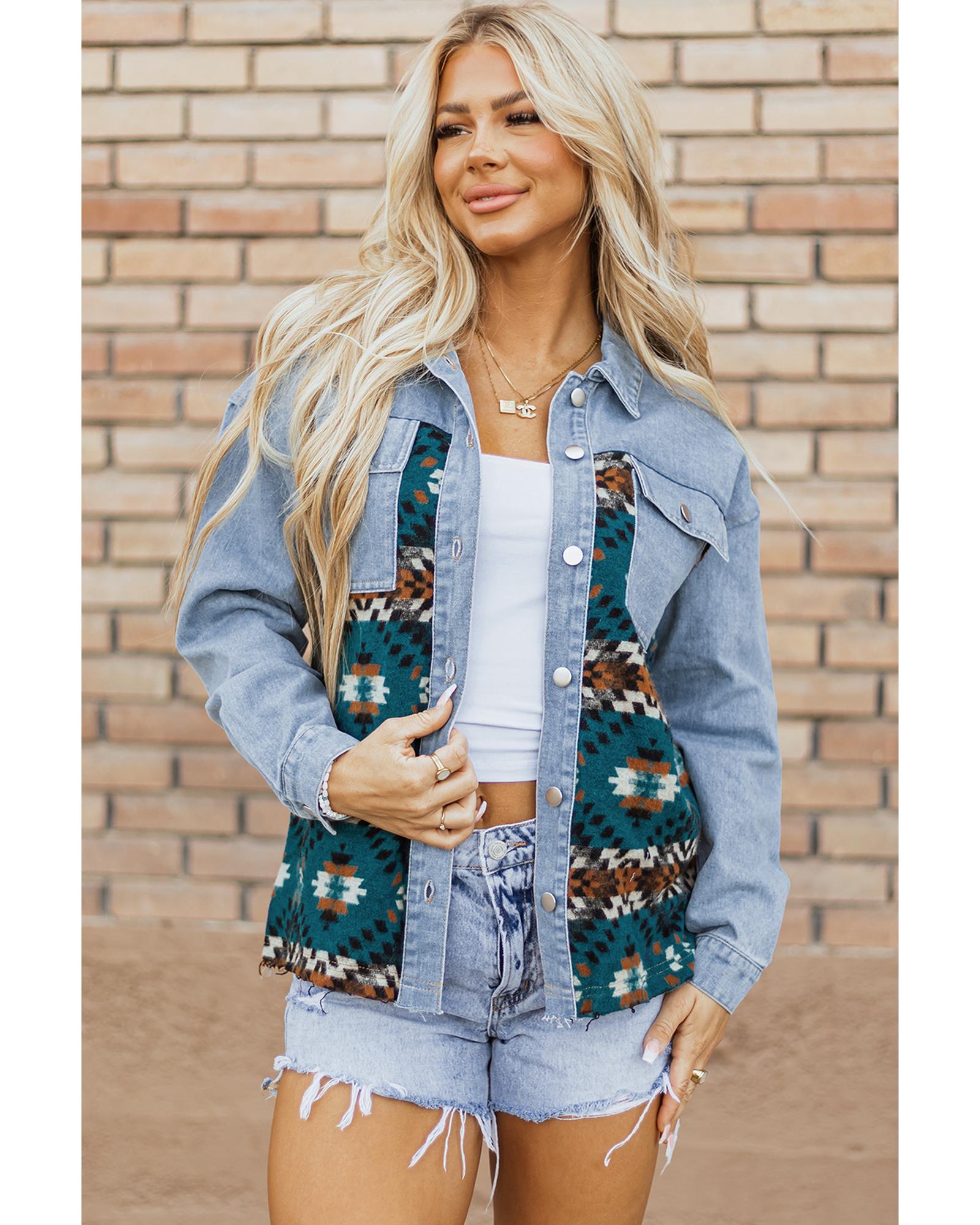 Blue Aztec Printed Denim Jacket - L 3