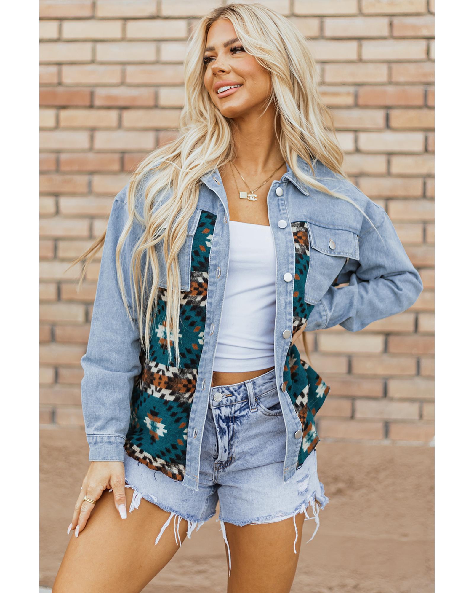 Blue Aztec Printed Denim Jacket - L 6