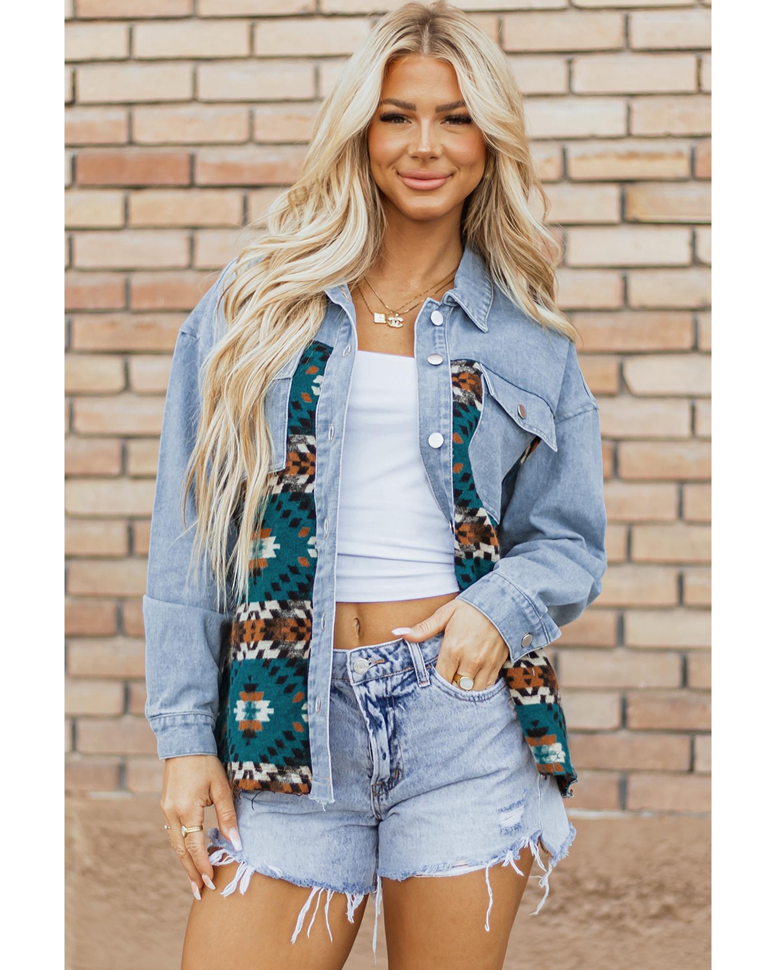 Blue Aztec Printed Denim Jacket - S 6