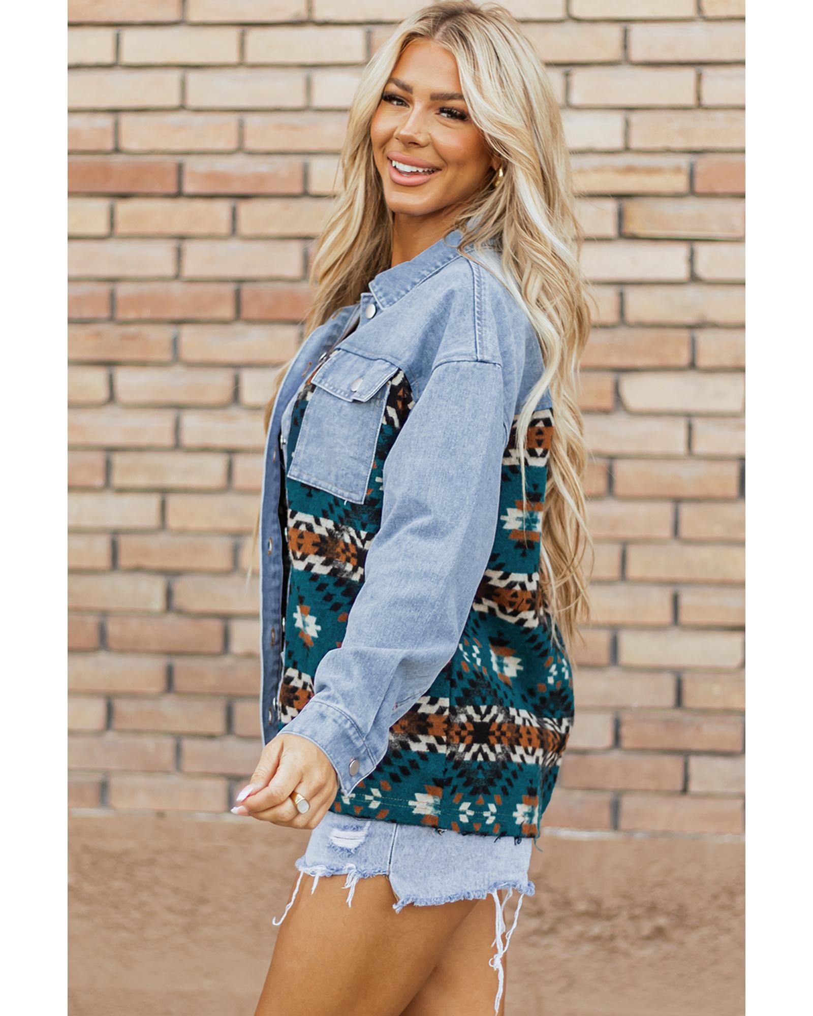 Blue Aztec Printed Denim Jacket - XL 5