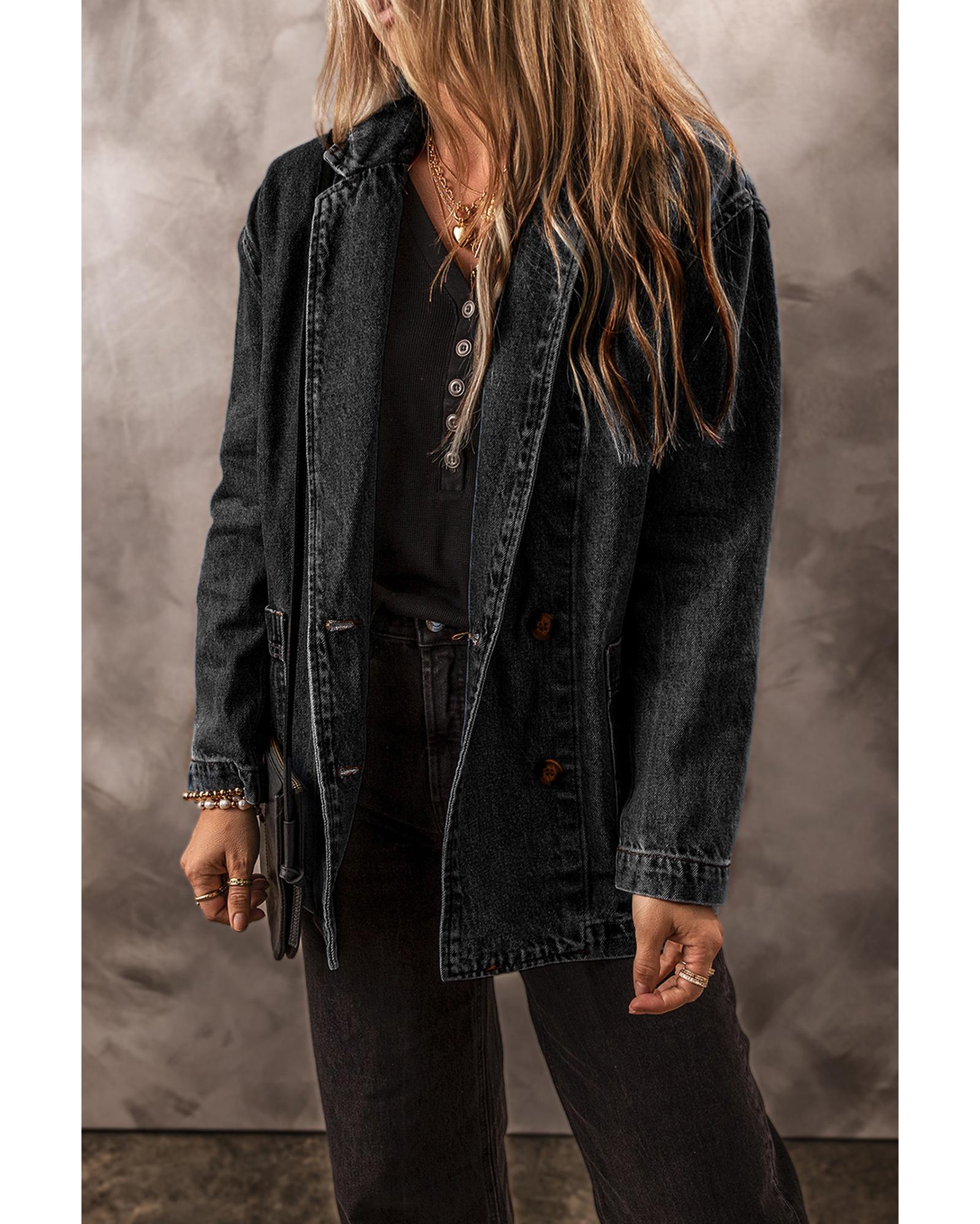 Black Side Pockets Lapel Collar Denim Jacket - 2XL