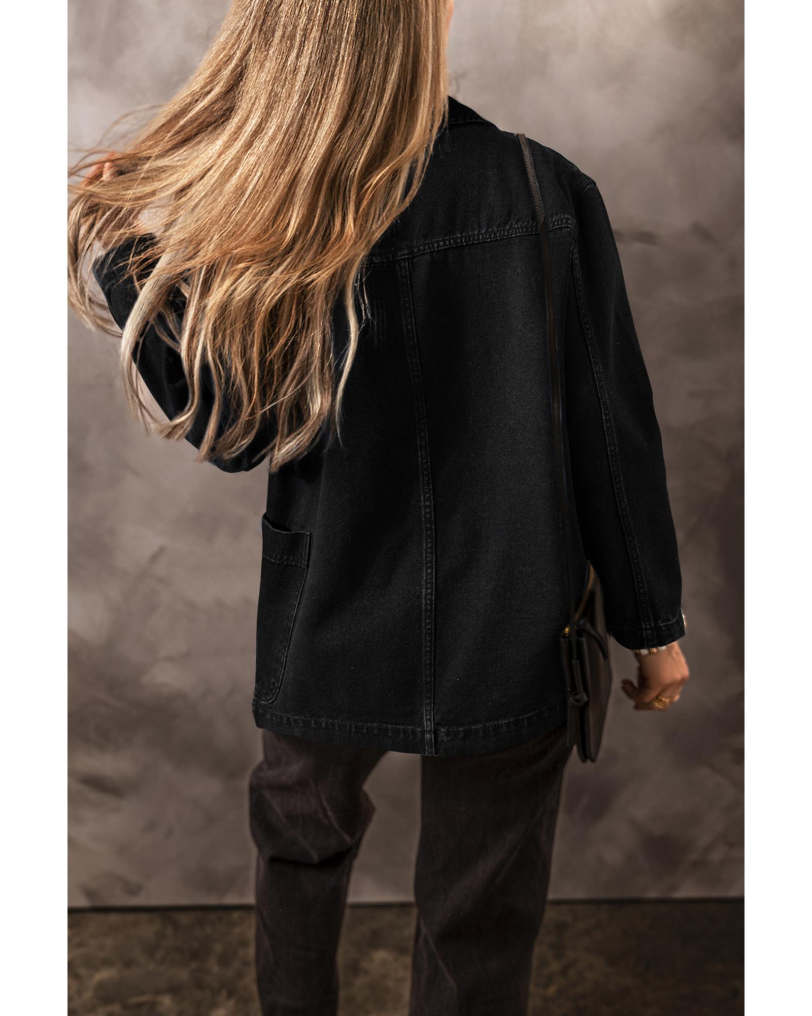 Black Side Pockets Lapel Collar Denim Jacket - L 4
