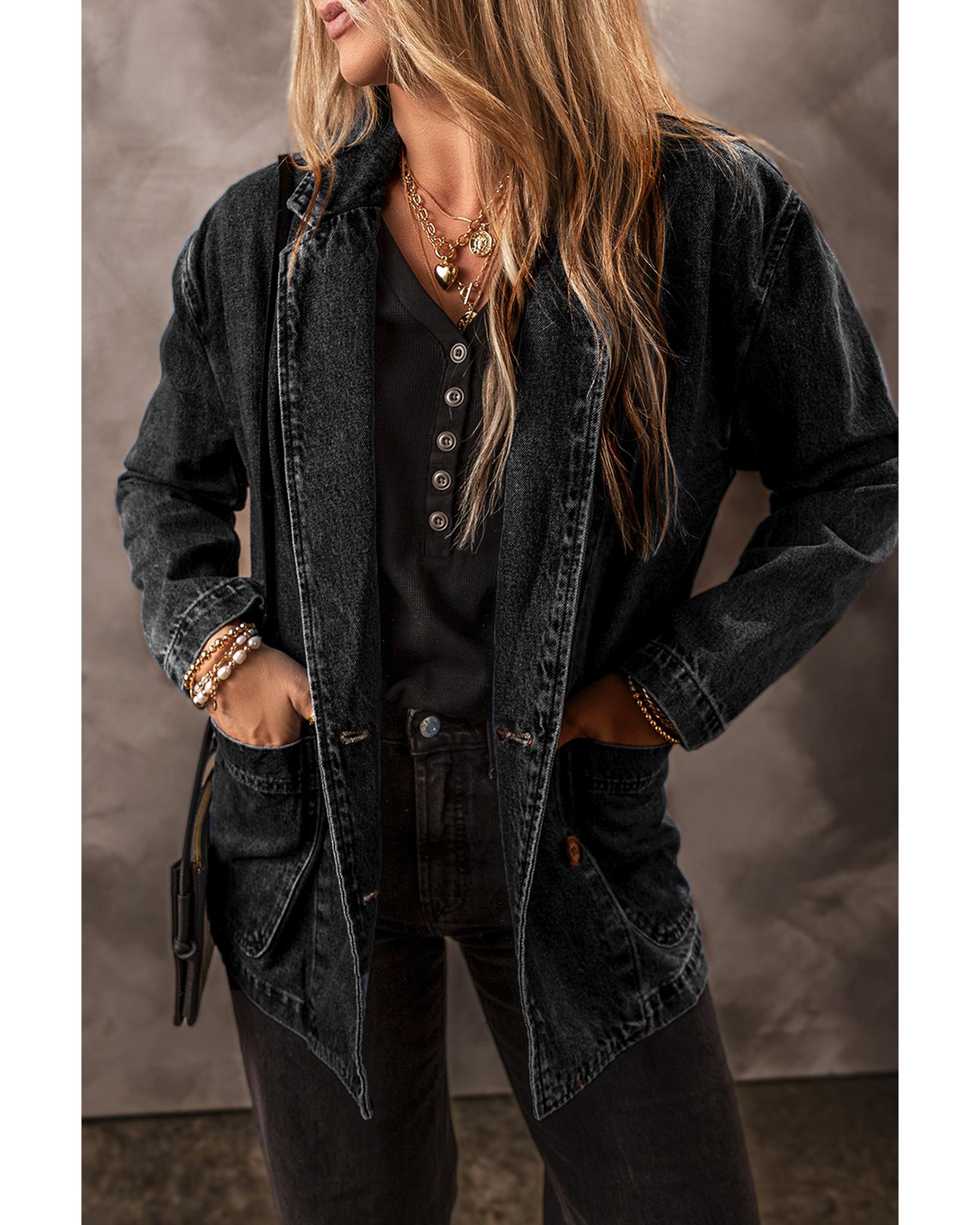 Black Side Pockets Lapel Collar Denim Jacket - M 5
