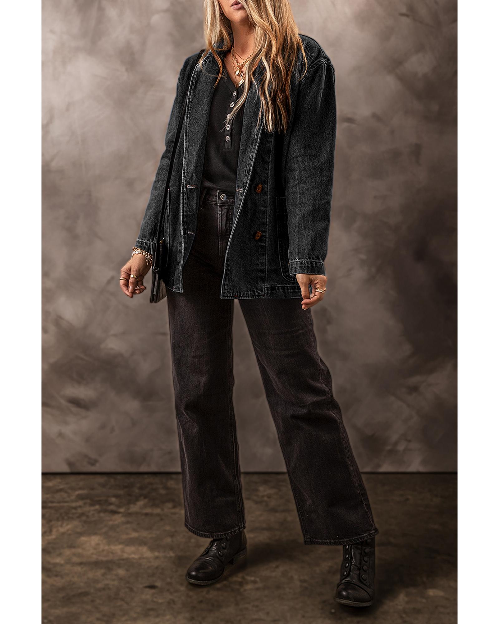 Black Side Pockets Lapel Collar Denim Jacket - S 6