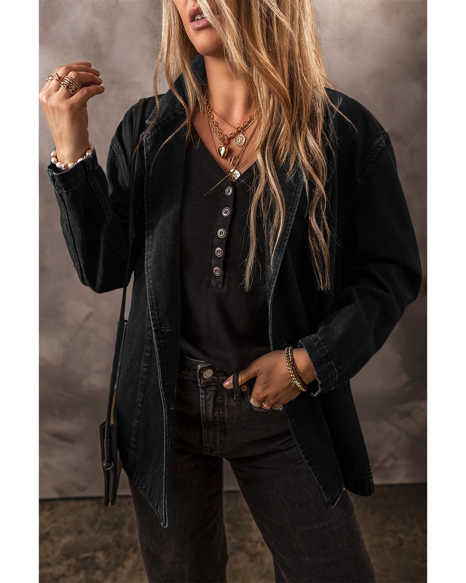 Black Side Pockets Lapel Collar Denim Jacket - S 8