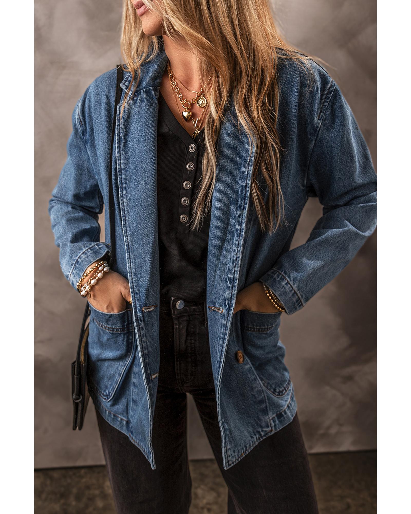 Sail Blue Side Pockets Lapel Collar Denim Jacket - 2XL
