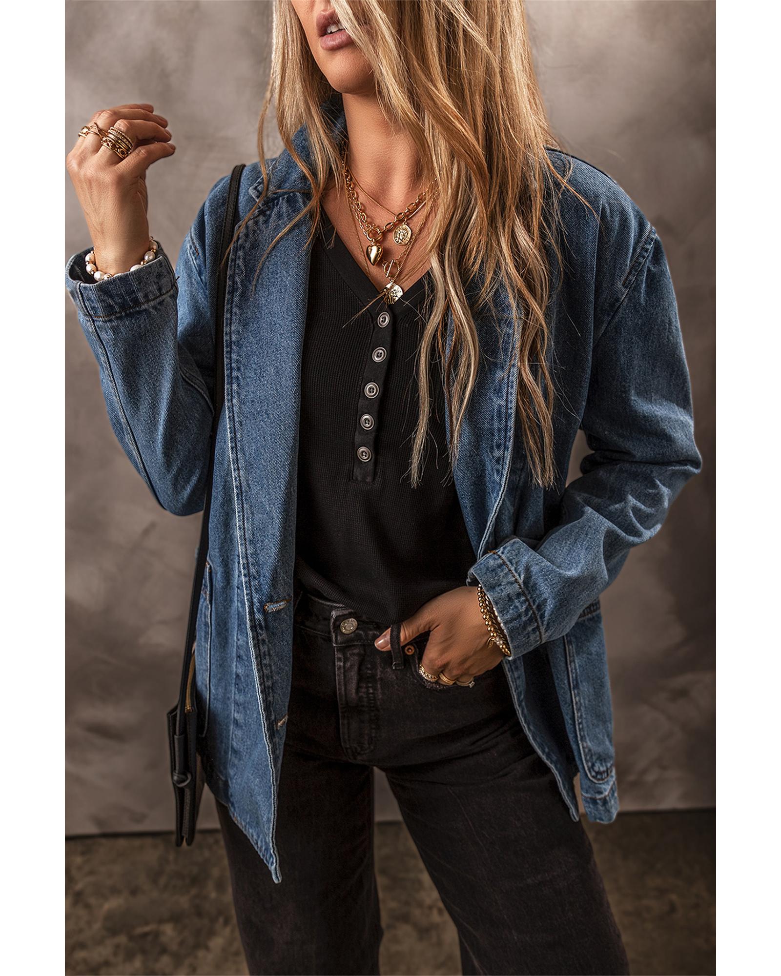 Sail Blue Side Pockets Lapel Collar Denim Jacket - 2XL 3
