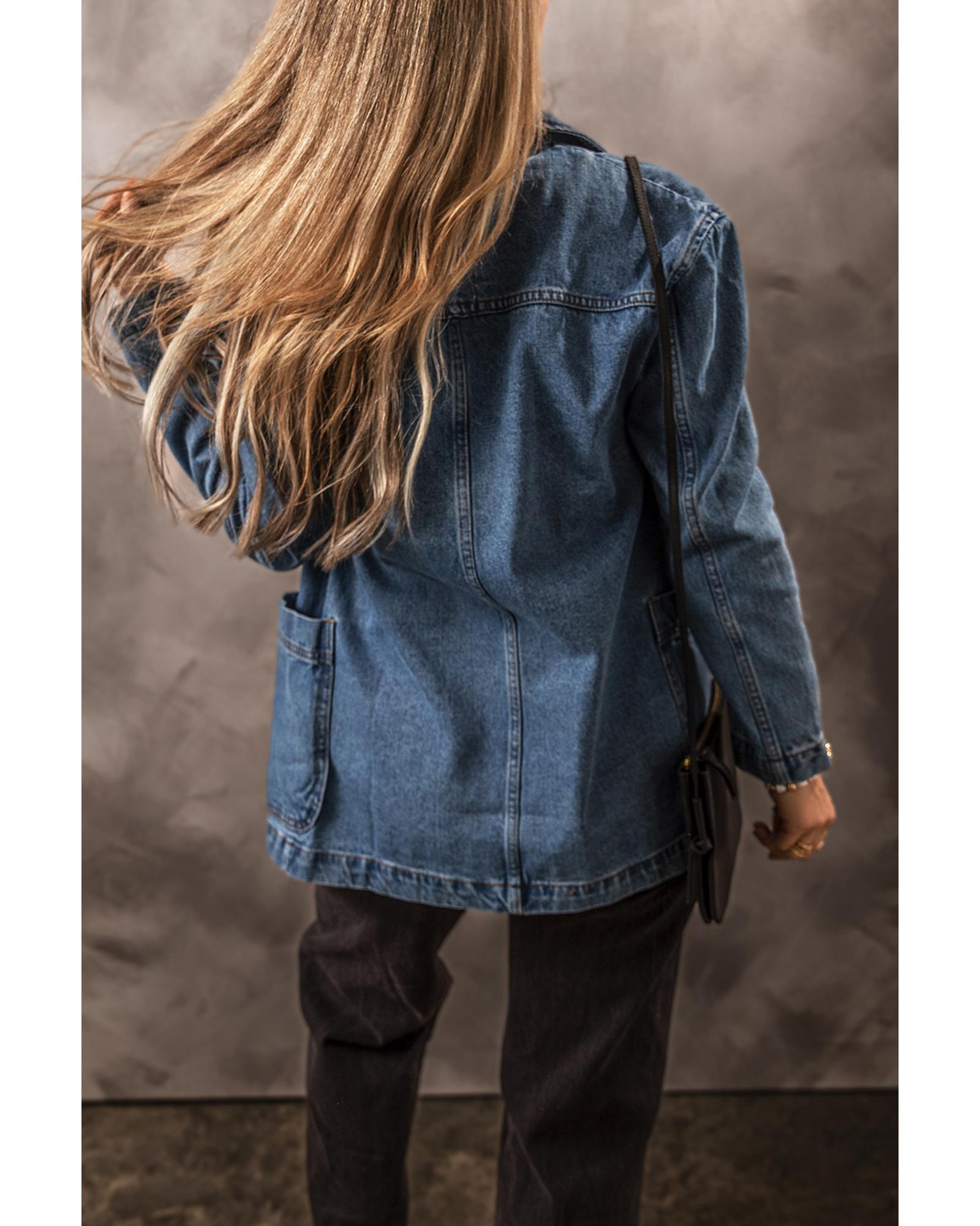 Sail Blue Side Pockets Lapel Collar Denim Jacket - M 8