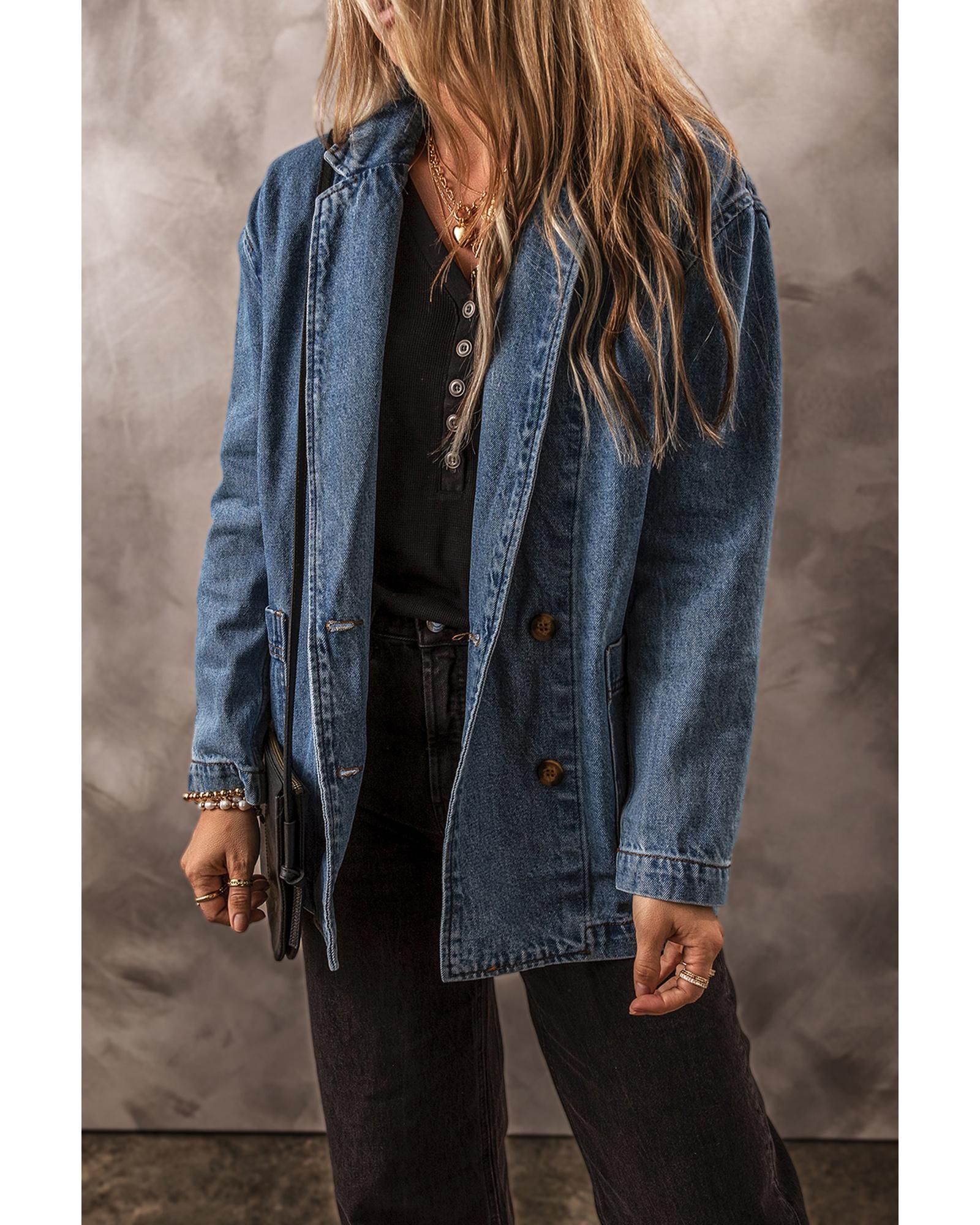 Sail Blue Side Pockets Lapel Collar Denim Jacket - S
