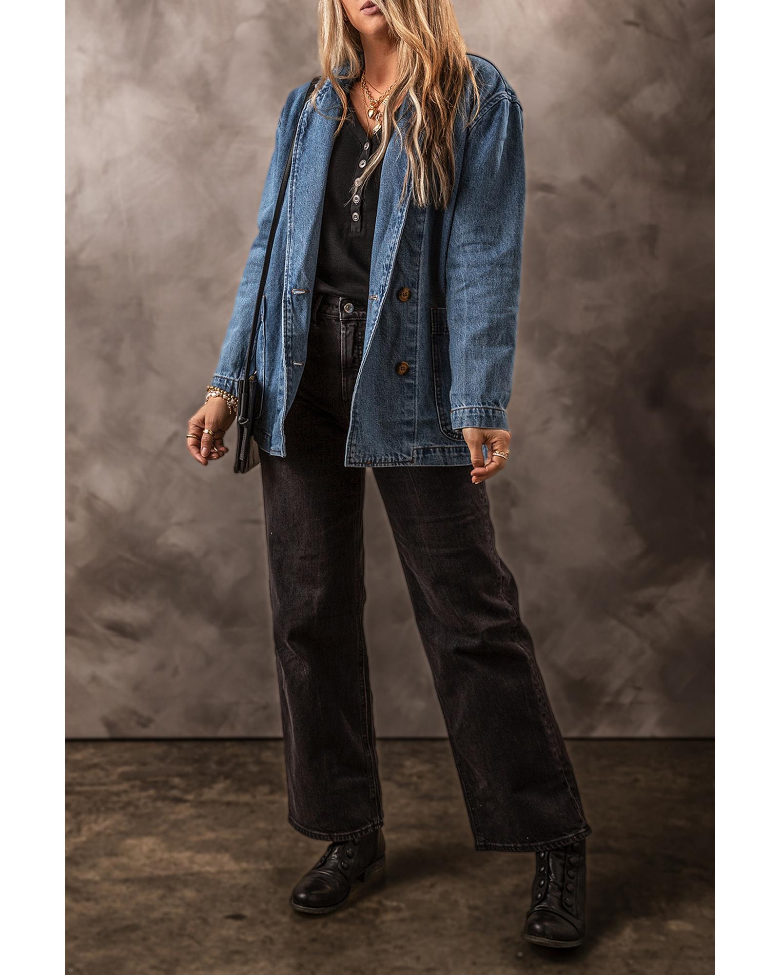 Sail Blue Side Pockets Lapel Collar Denim Jacket - S 5