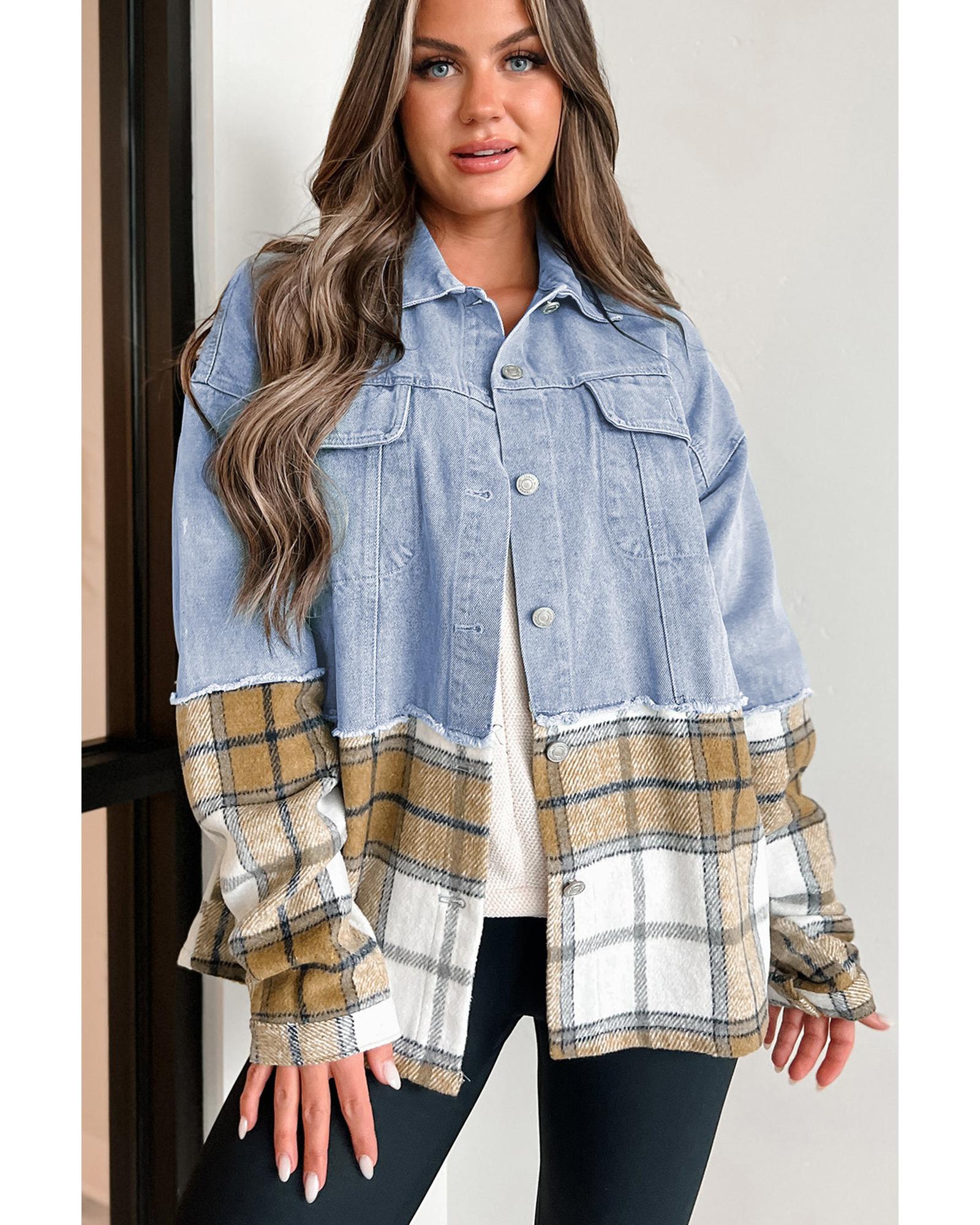 Khaki Plaid Patchwork Buttoned Oversized Denim Jacket - L 4