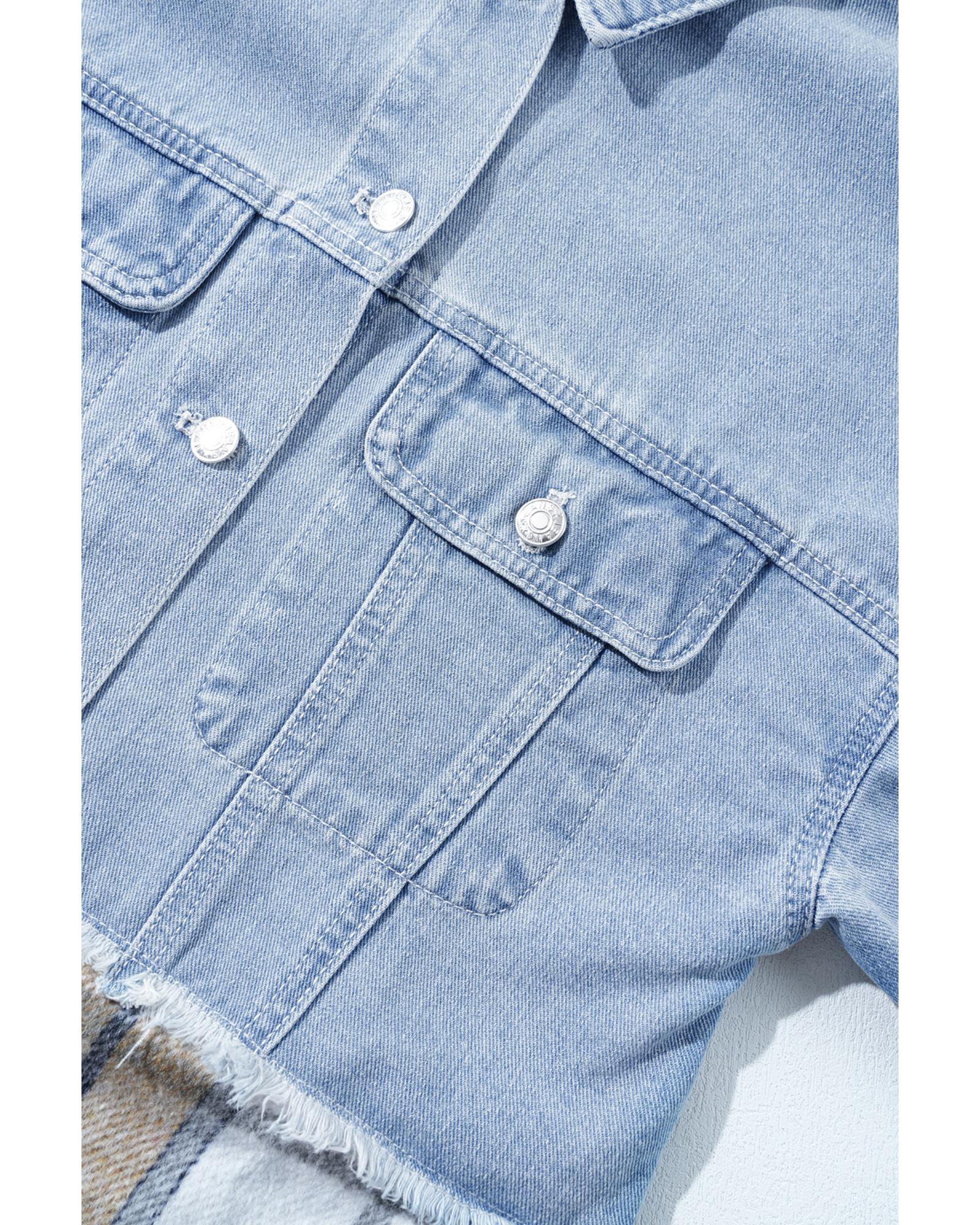 Khaki Plaid Patchwork Buttoned Oversized Denim Jacket - M 8