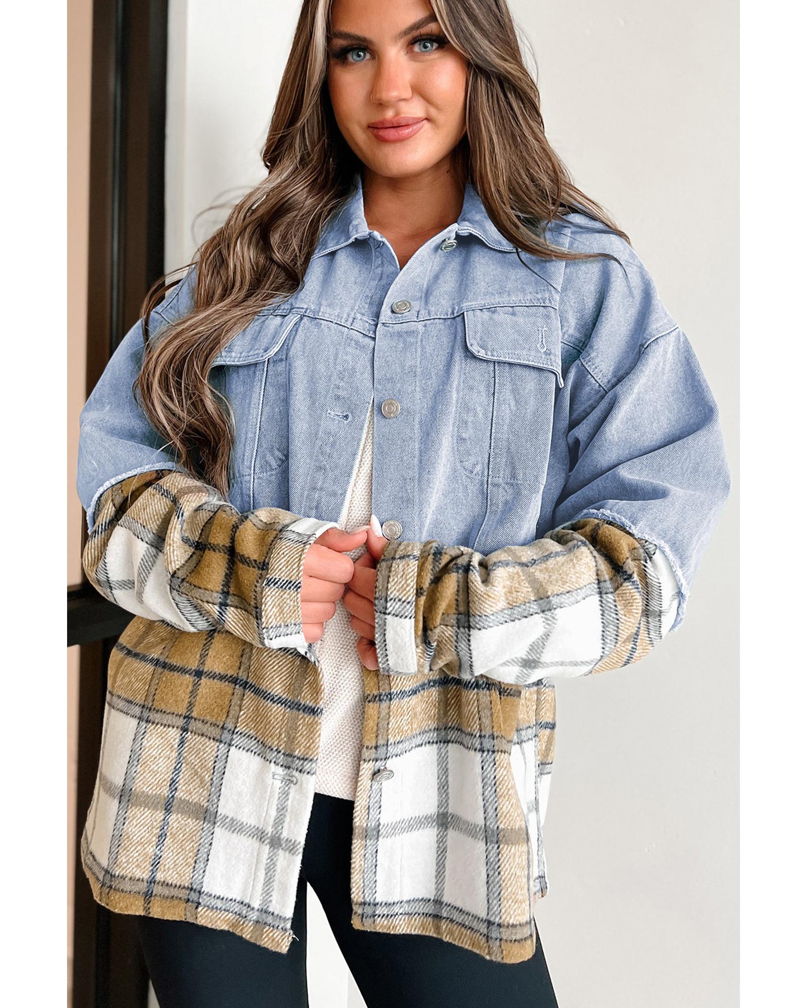 Khaki Plaid Patchwork Buttoned Oversized Denim Jacket - S 6