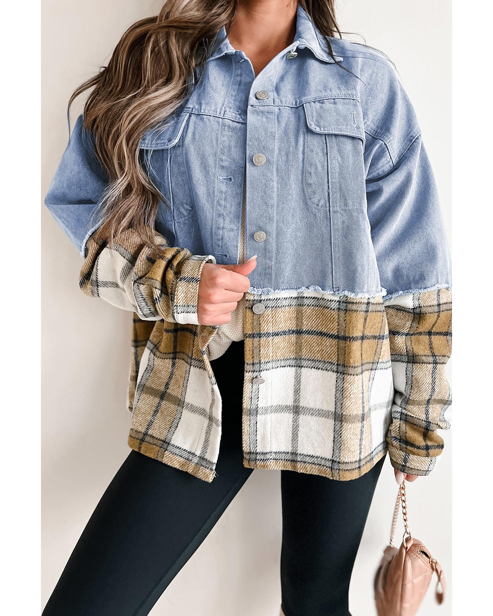 Khaki Plaid Patchwork Buttoned Oversized Denim Jacket - XL 7