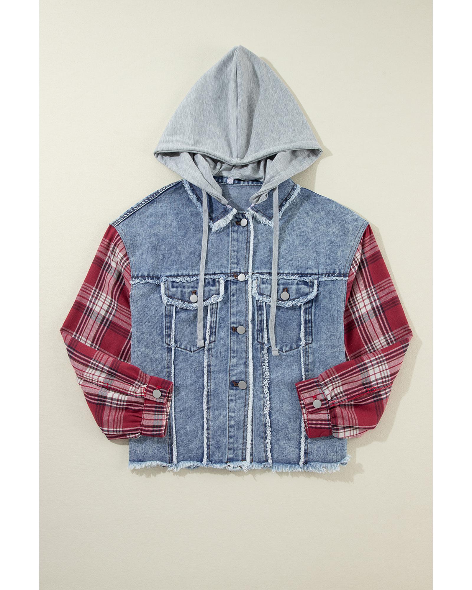 Beau Blue Plaid Print Patchwork Hooded Raw Hem Denim Jacket - L 5