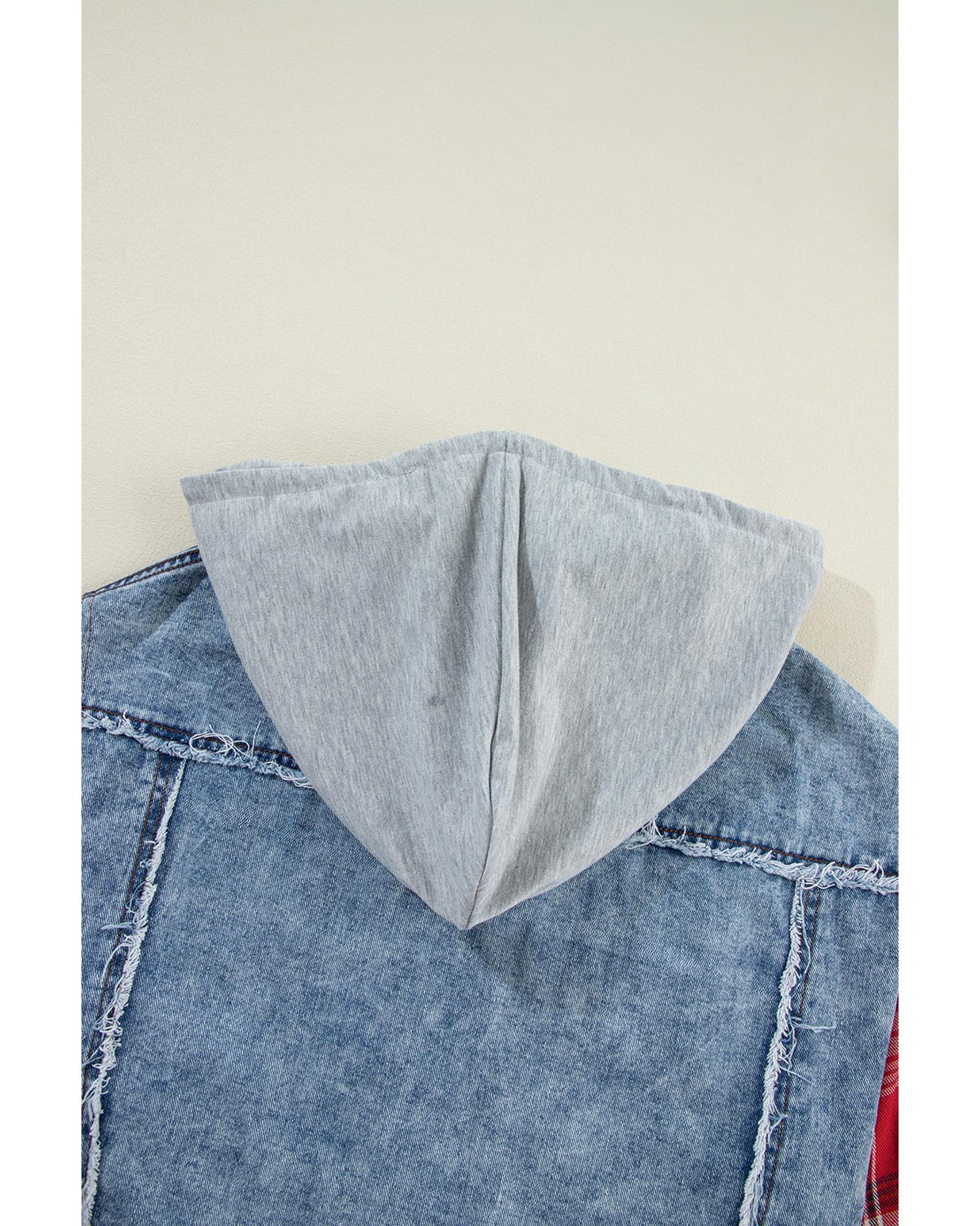 Beau Blue Plaid Print Patchwork Hooded Raw Hem Denim Jacket - L 7