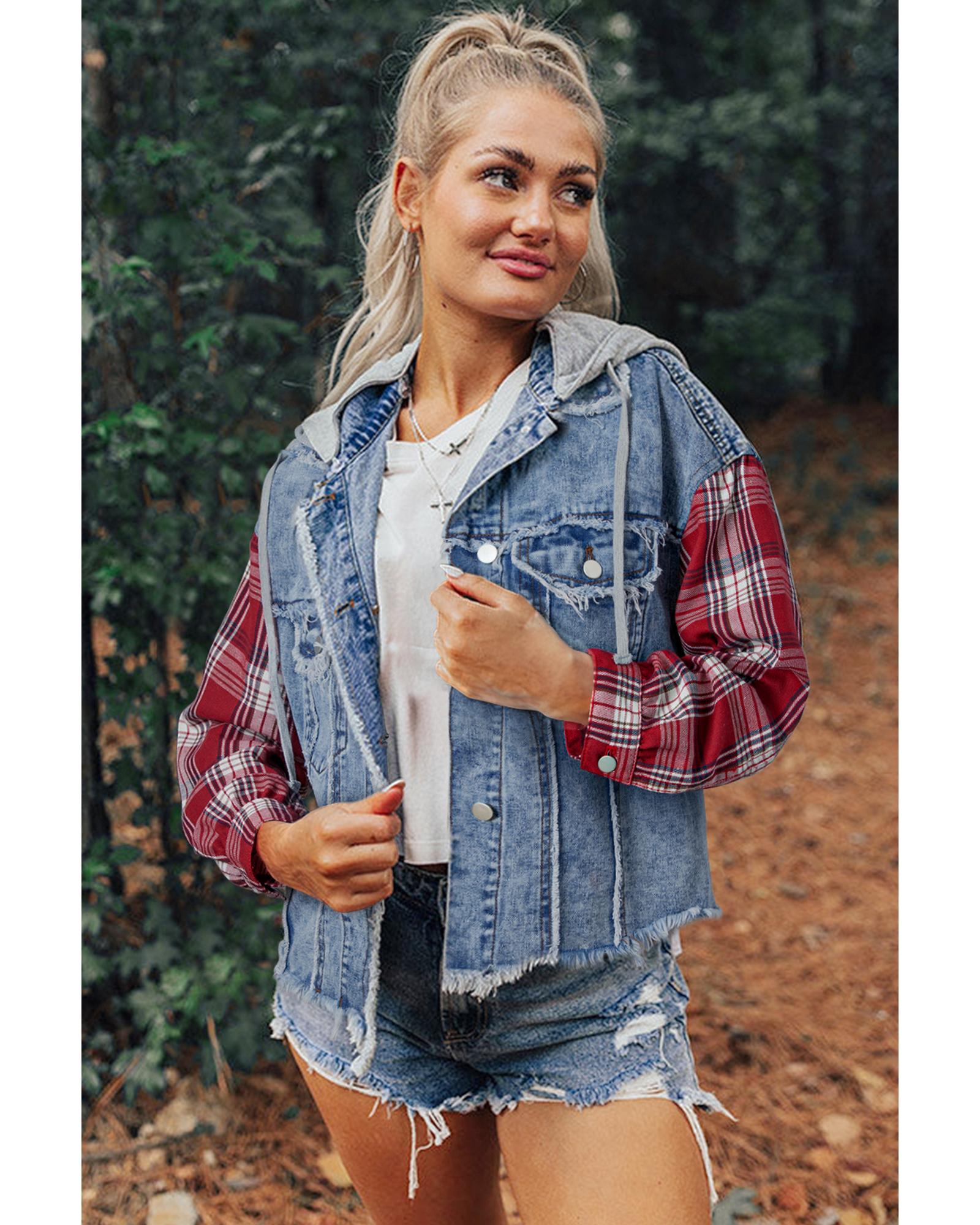Beau Blue Plaid Print Patchwork Hooded Raw Hem Denim Jacket - M