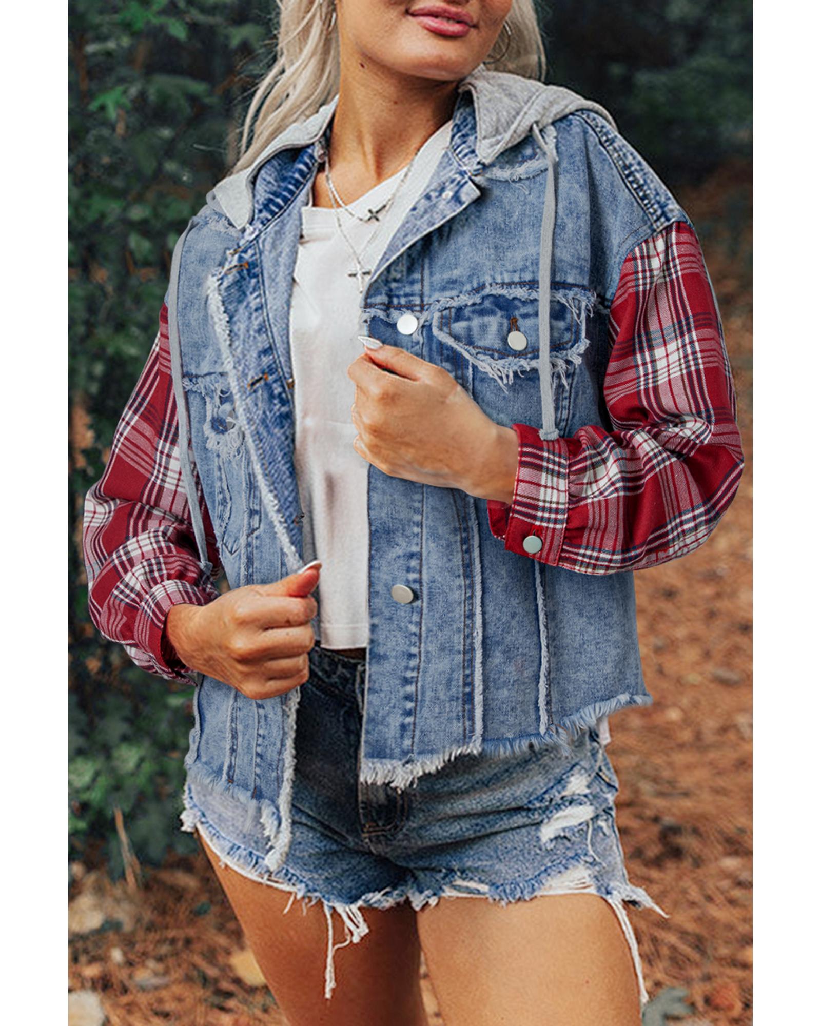 Beau Blue Plaid Print Patchwork Hooded Raw Hem Denim Jacket - XL 3