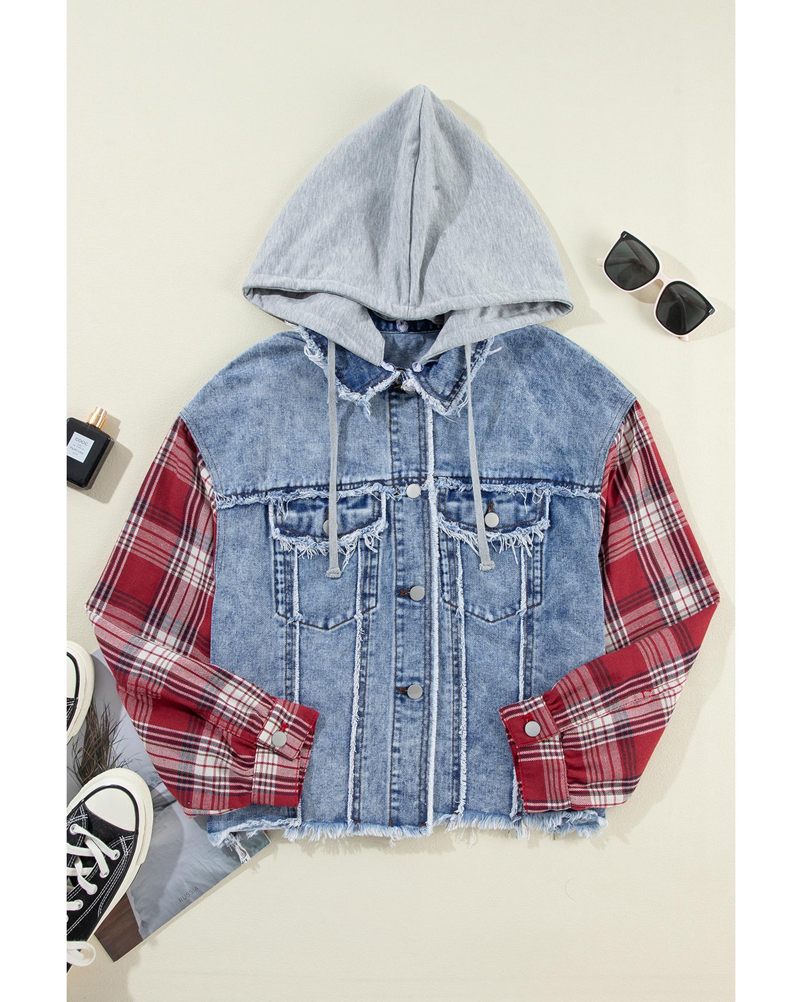 Beau Blue Plaid Print Patchwork Hooded Raw Hem Denim Jacket - XL 4