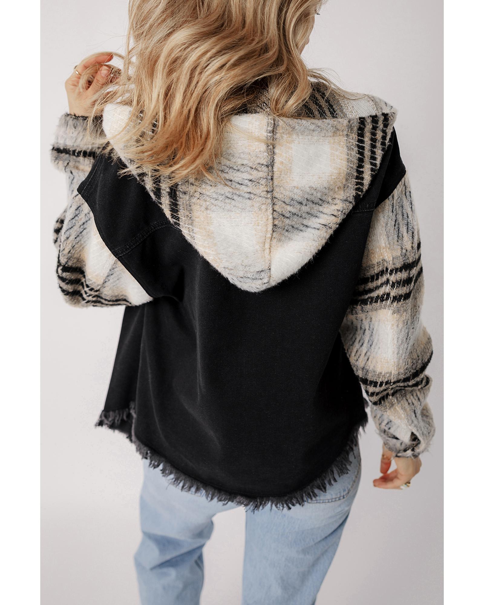 Black Plaid Sleeve Frayed Hem Hooded Denim Jacket - S