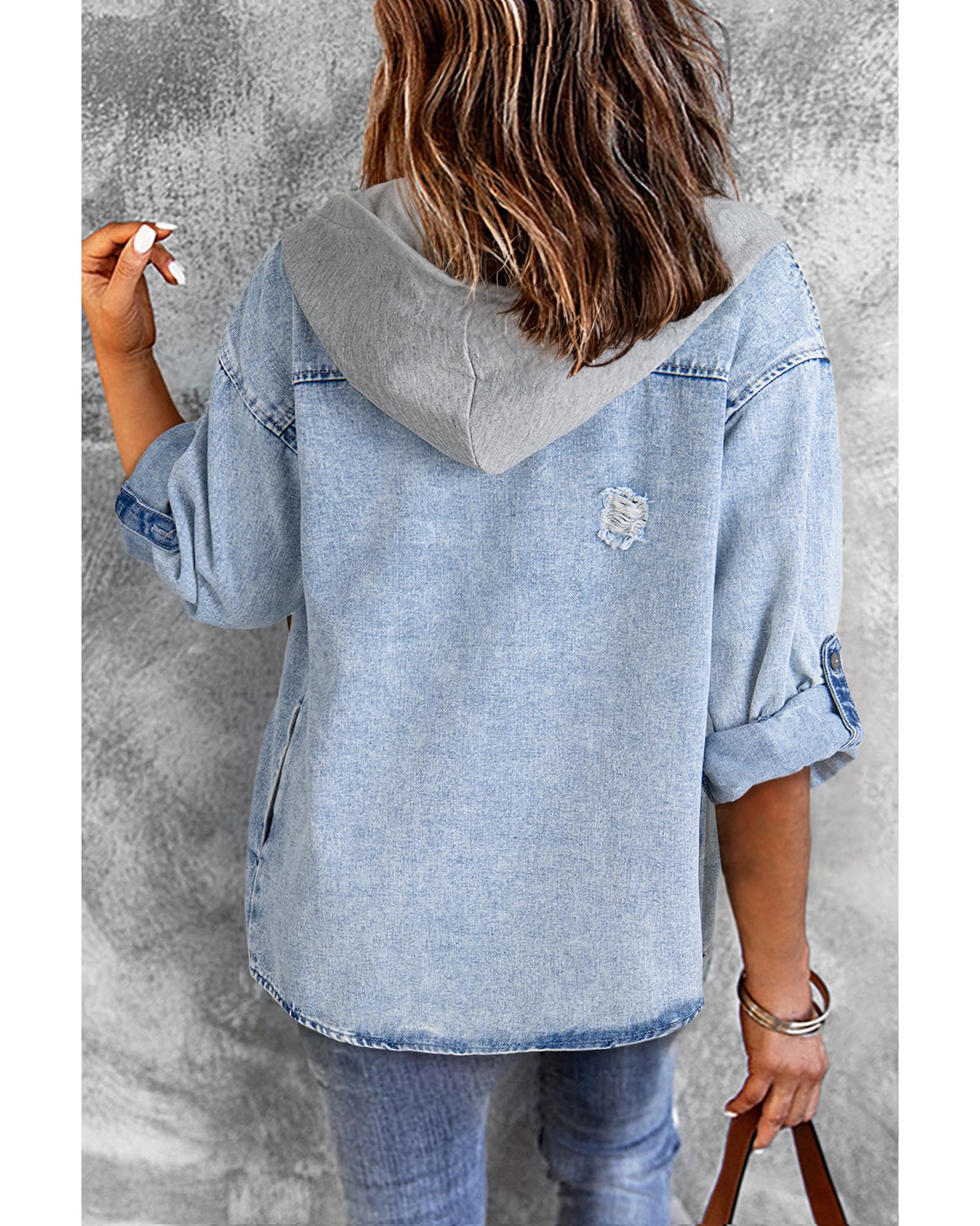 Mist Blue Oversized Contrast Hooded Denim Jacket - L 3