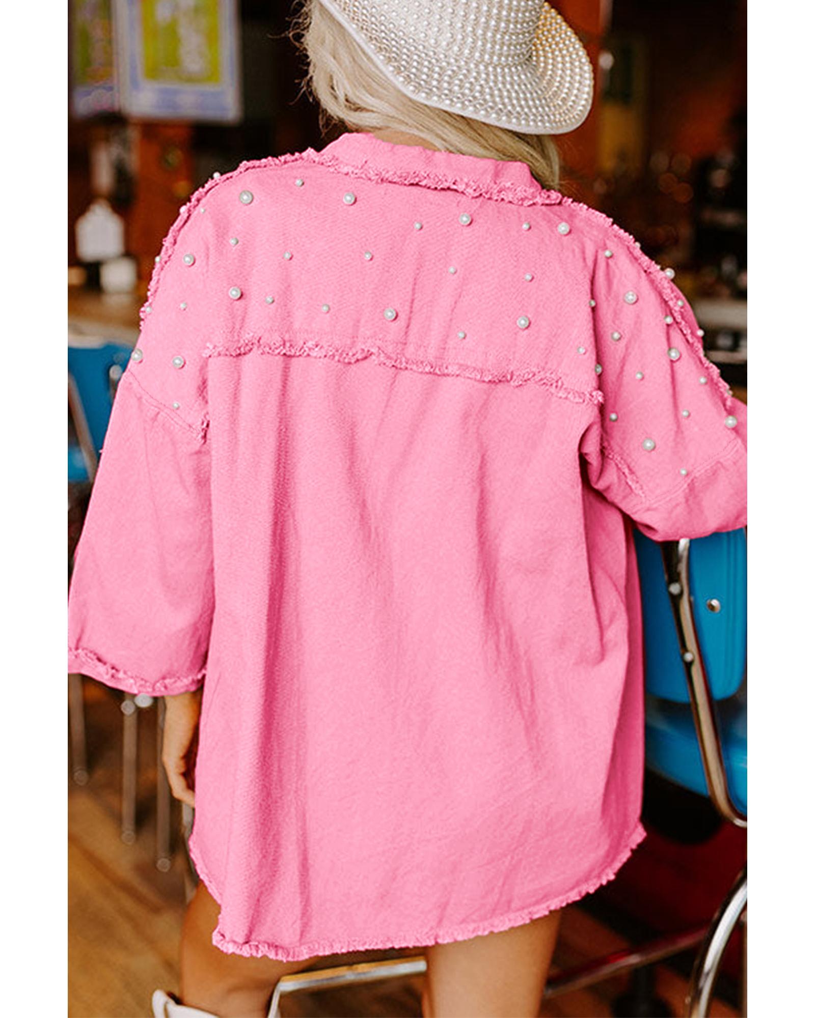 Bonbon Pearl Beaded Raw Hem Button Up Denim Jacket - M 8
