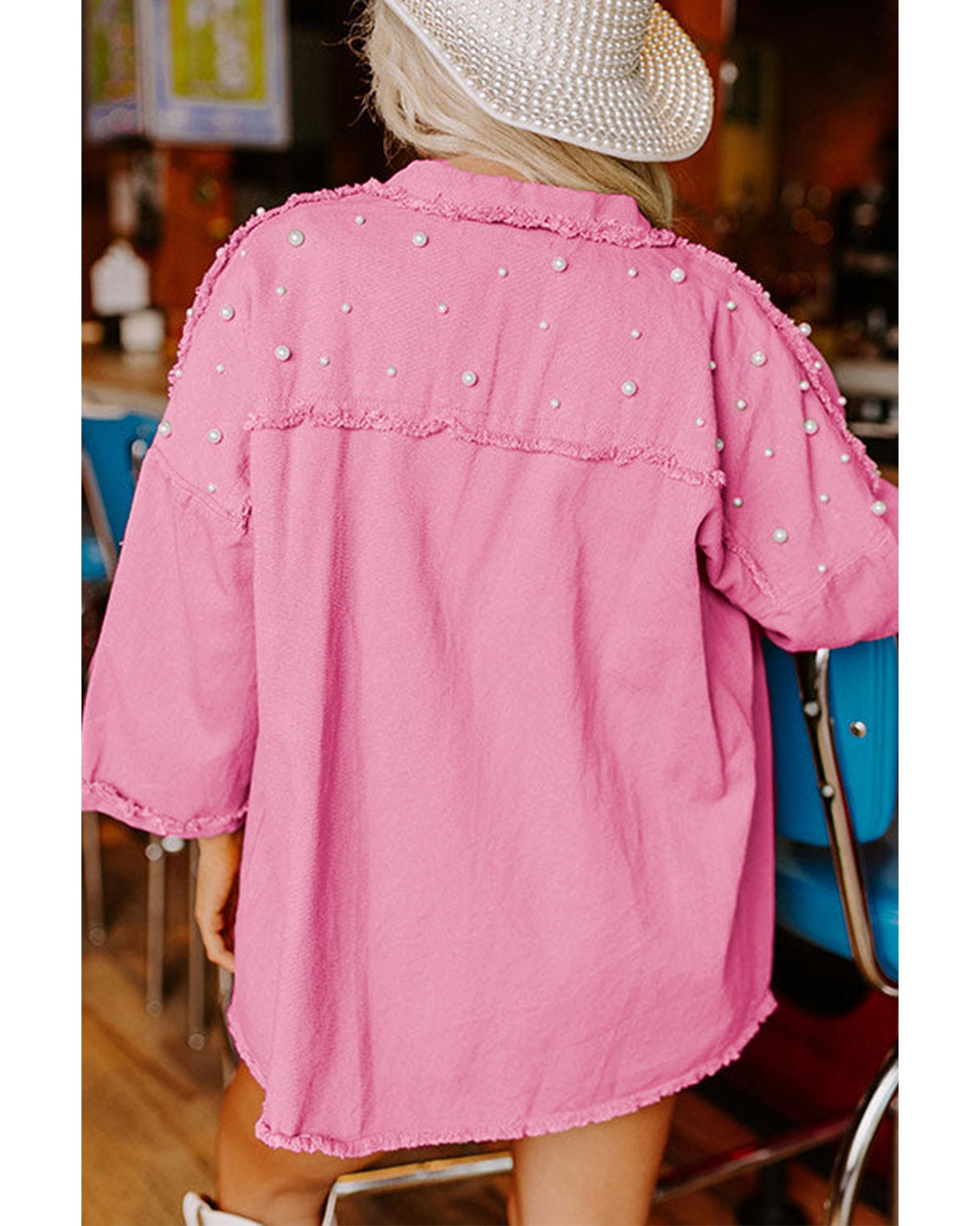 Bonbon Pearl Beaded Raw Hem Button Up Denim Jacket - S 3