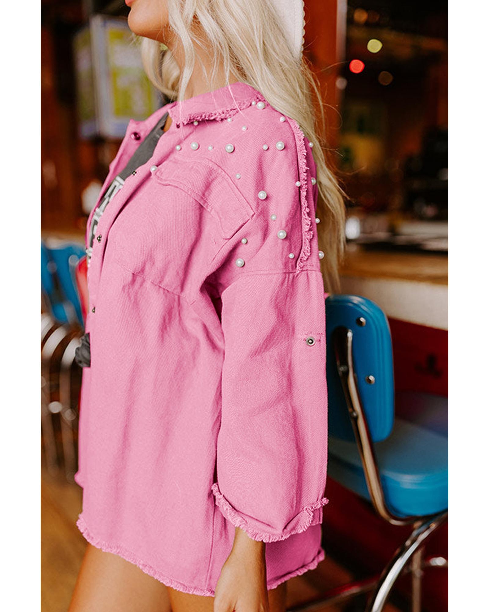 Bonbon Pearl Beaded Raw Hem Button Up Denim Jacket - S 5