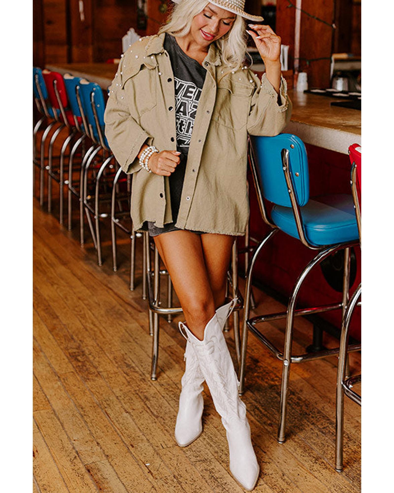 Khaki Pearl Beaded Raw Hem Button Up Denim Jacket - M