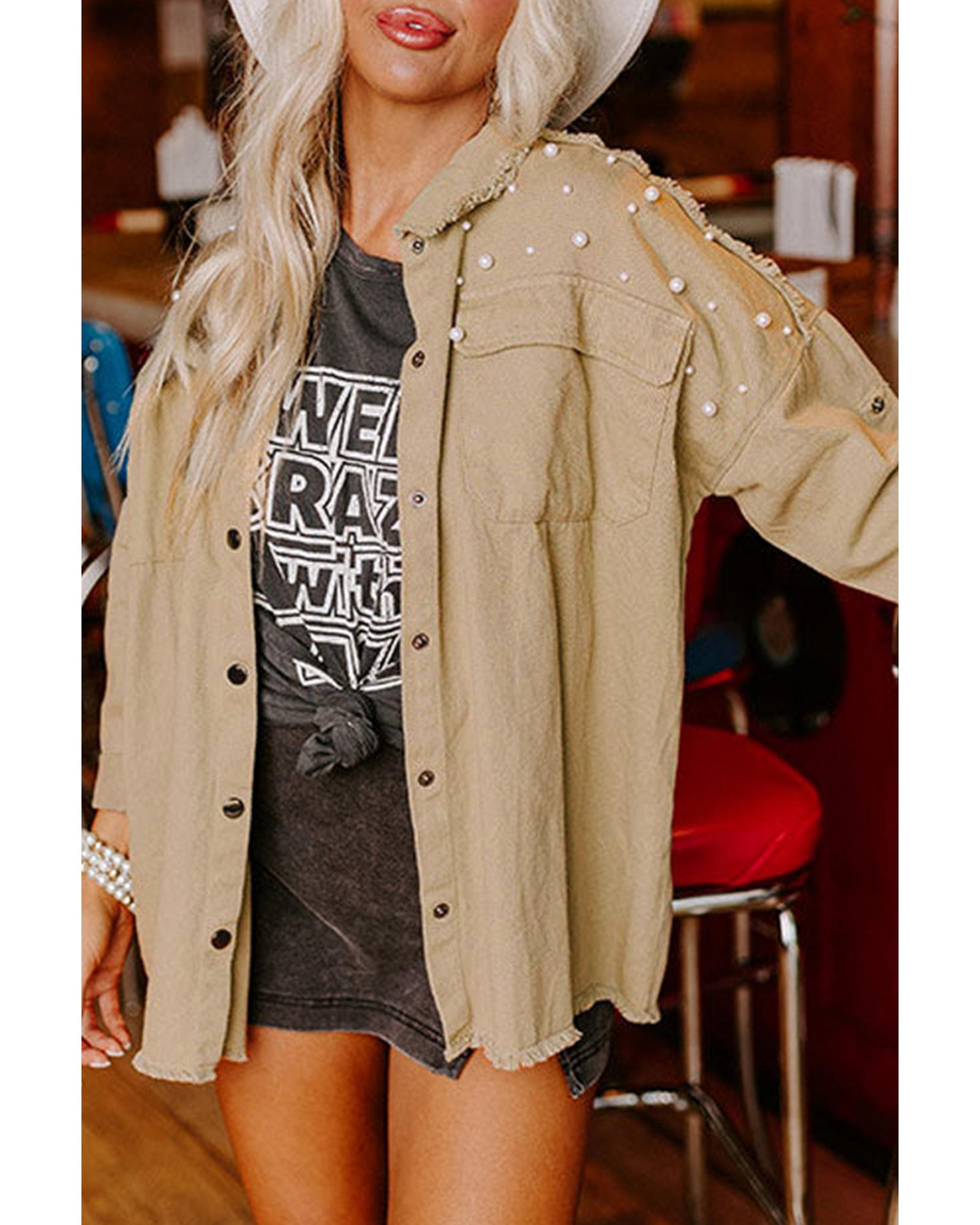 Khaki Pearl Beaded Raw Hem Button Up Denim Jacket - XL