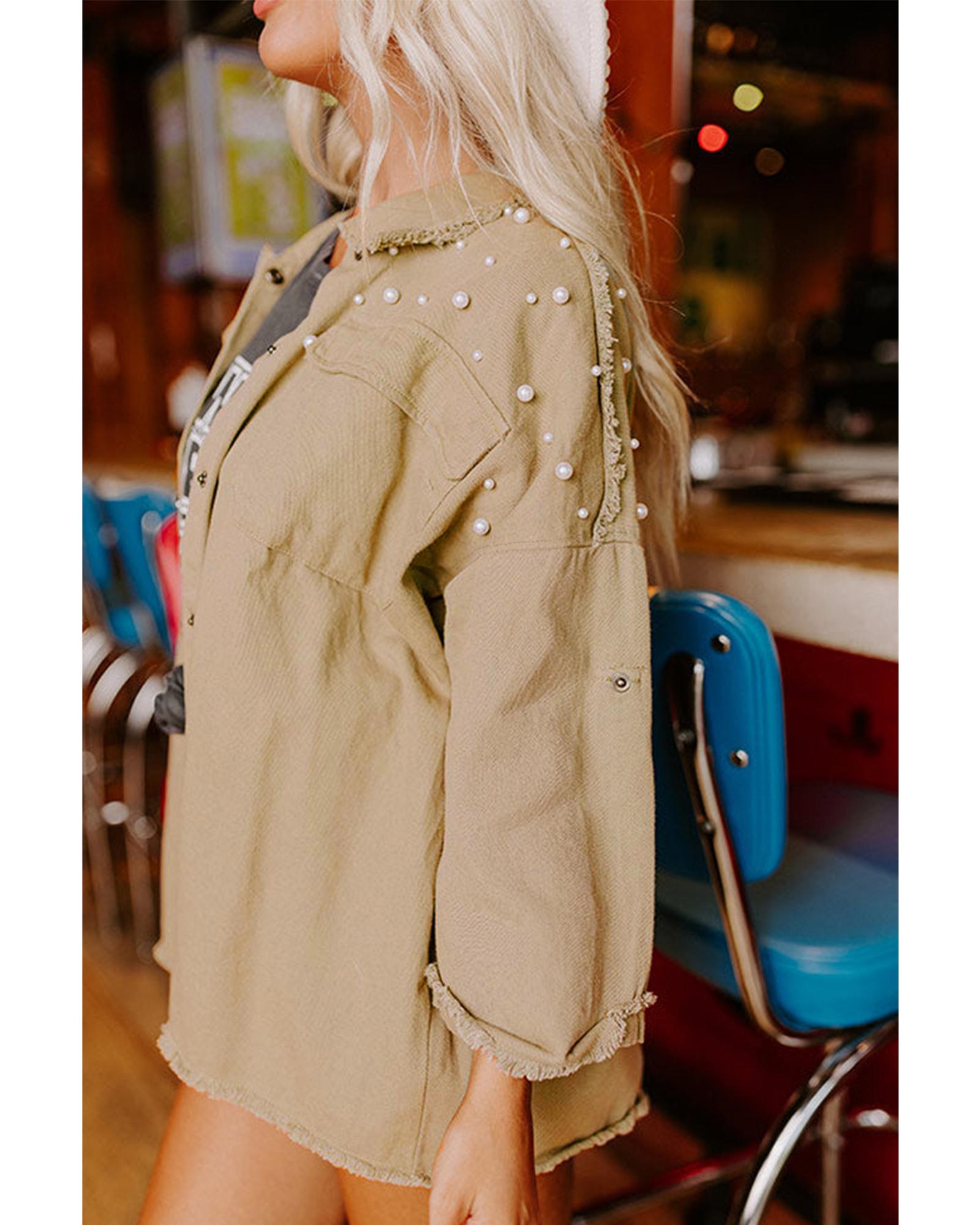 Khaki Pearl Beaded Raw Hem Button Up Denim Jacket - XL 4