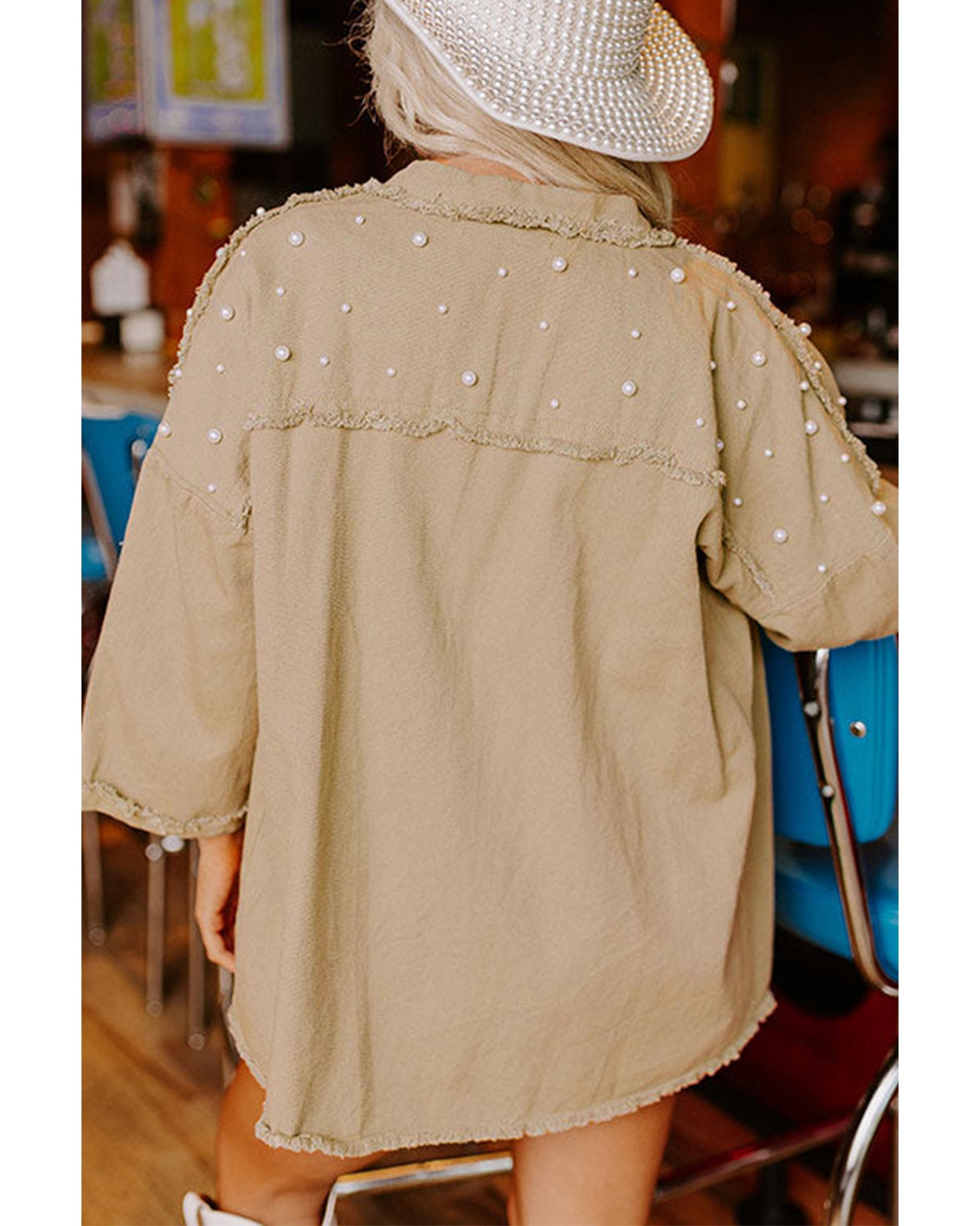 Khaki Pearl Beaded Raw Hem Button Up Denim Jacket - XL 5