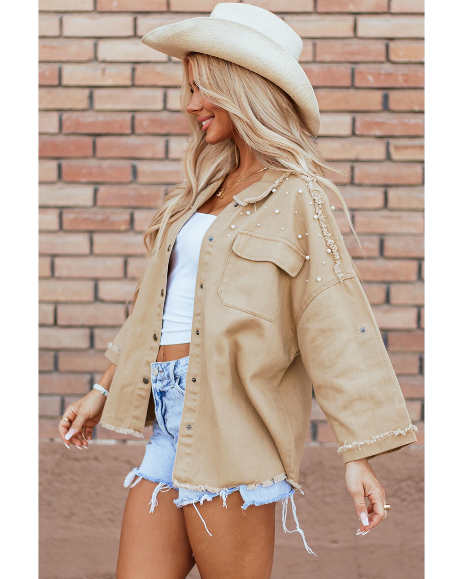 Khaki Pearl Beaded Raw Hem Button Up Denim Jacket - XL 8