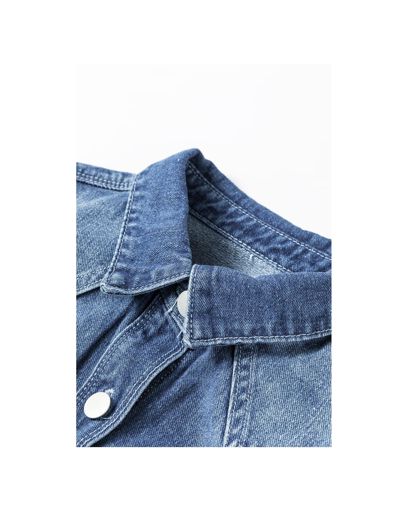 Sky Blue Light Wash Distressed Frayed Long Denim Jacket - 2XL 6