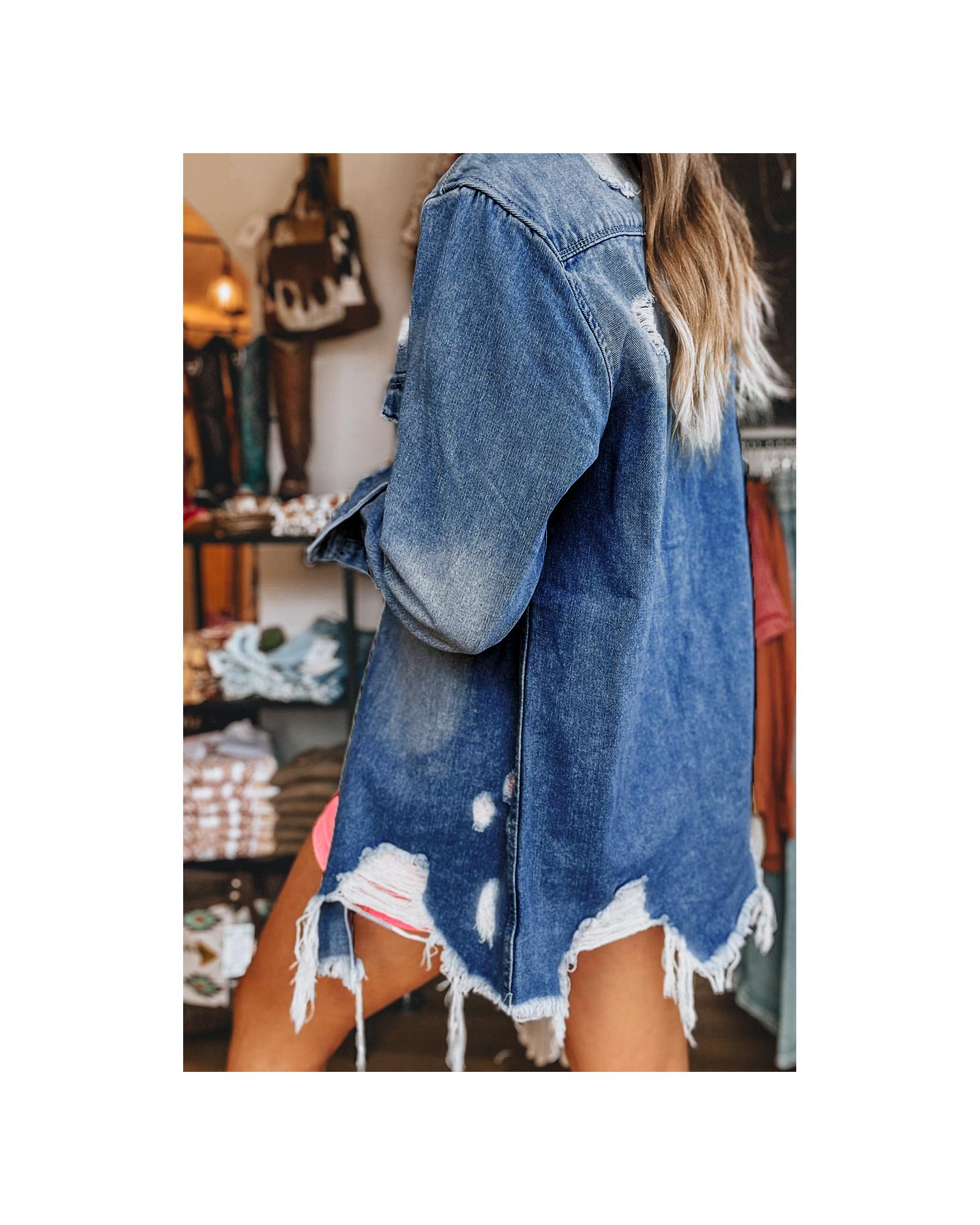 Sky Blue Light Wash Distressed Frayed Long Denim Jacket - 2XL 7