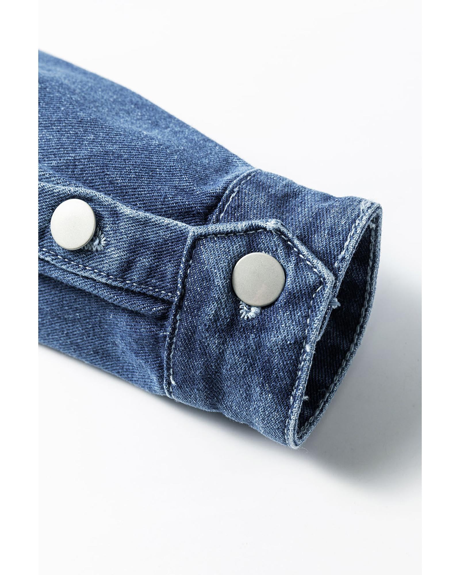 Sky Blue Light Wash Distressed Frayed Long Denim Jacket - M 6