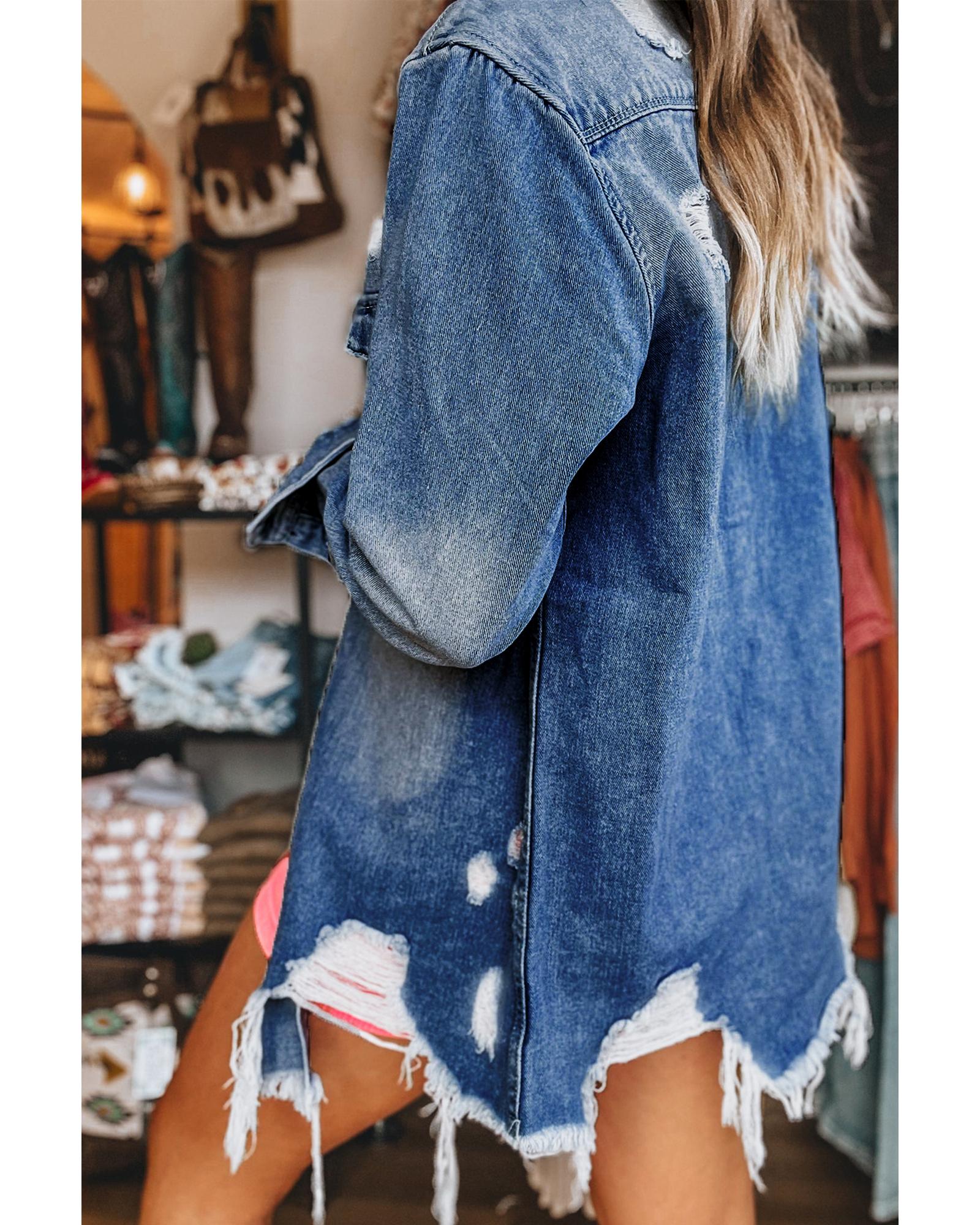 Sky Blue Light Wash Distressed Frayed Long Denim Jacket - XL 4