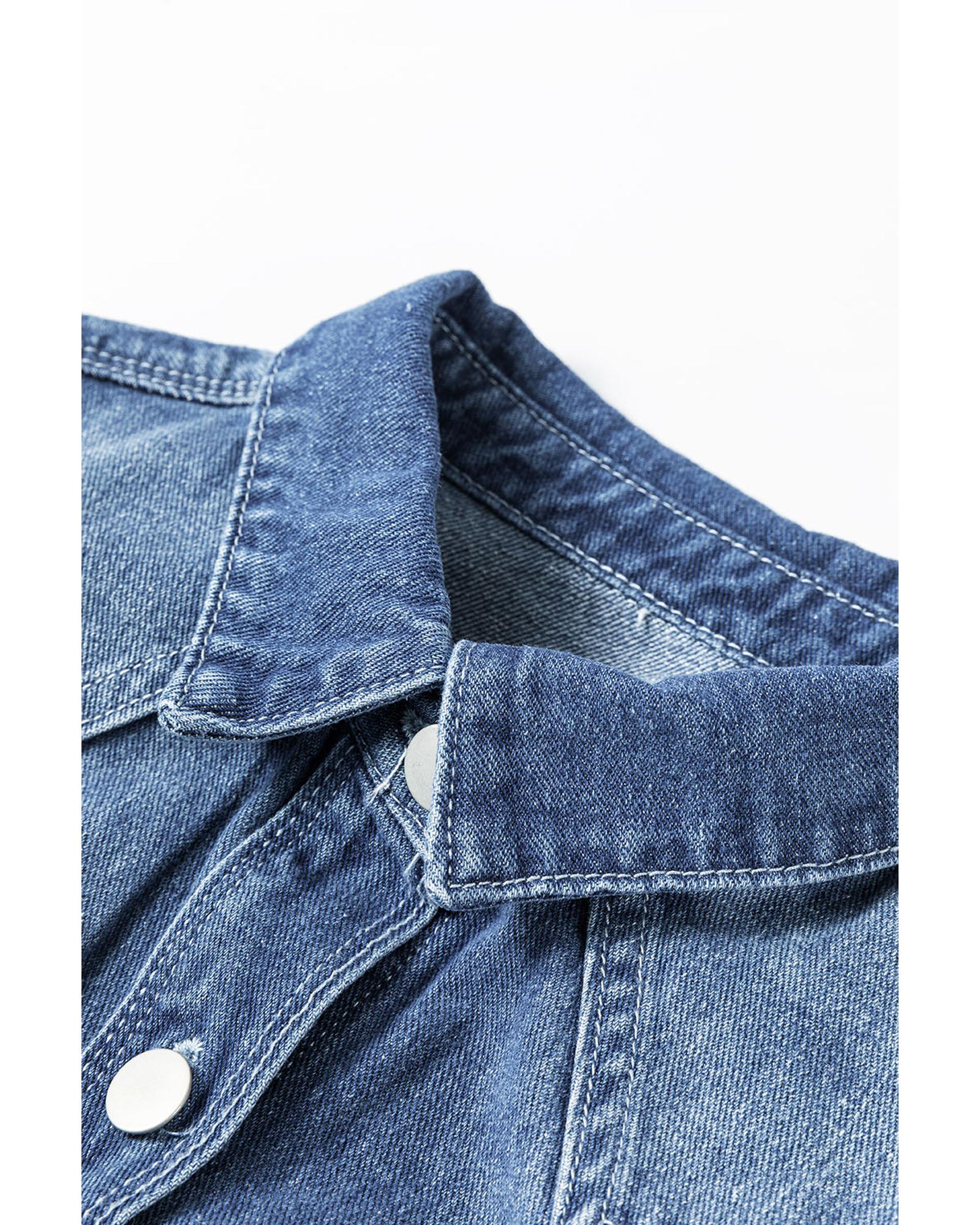 Sky Blue Light Wash Distressed Frayed Long Denim Jacket - XL 7