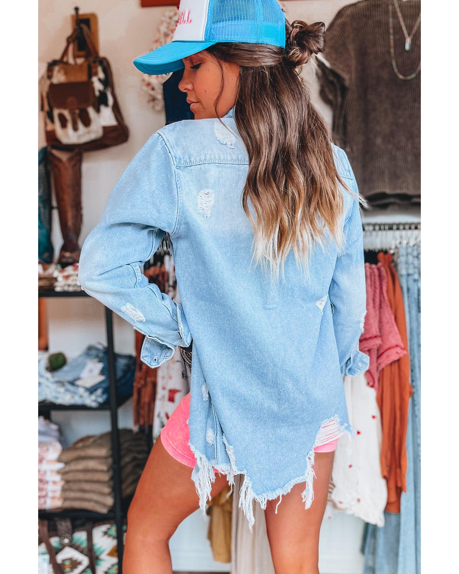 Beau Blue Mineral Wash Distressed Frayed Long Denim Jacket - L 4