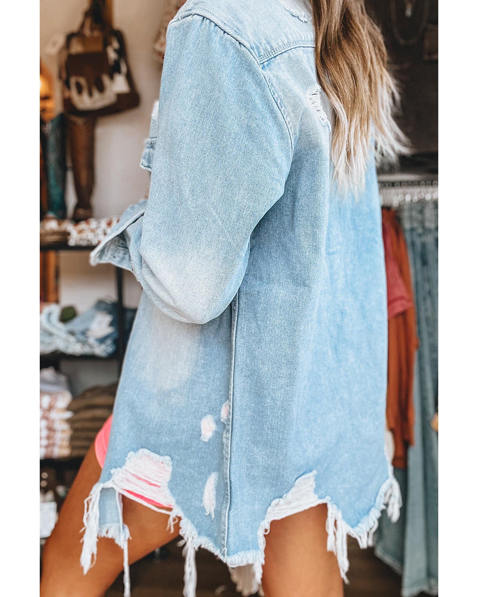 Beau Blue Mineral Wash Distressed Frayed Long Denim Jacket - XL