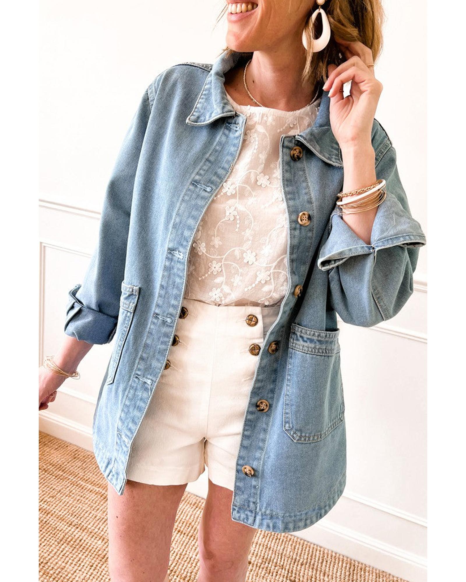 Dusk Blue Slit Buttons Pocketed Denim Jacket - L 4