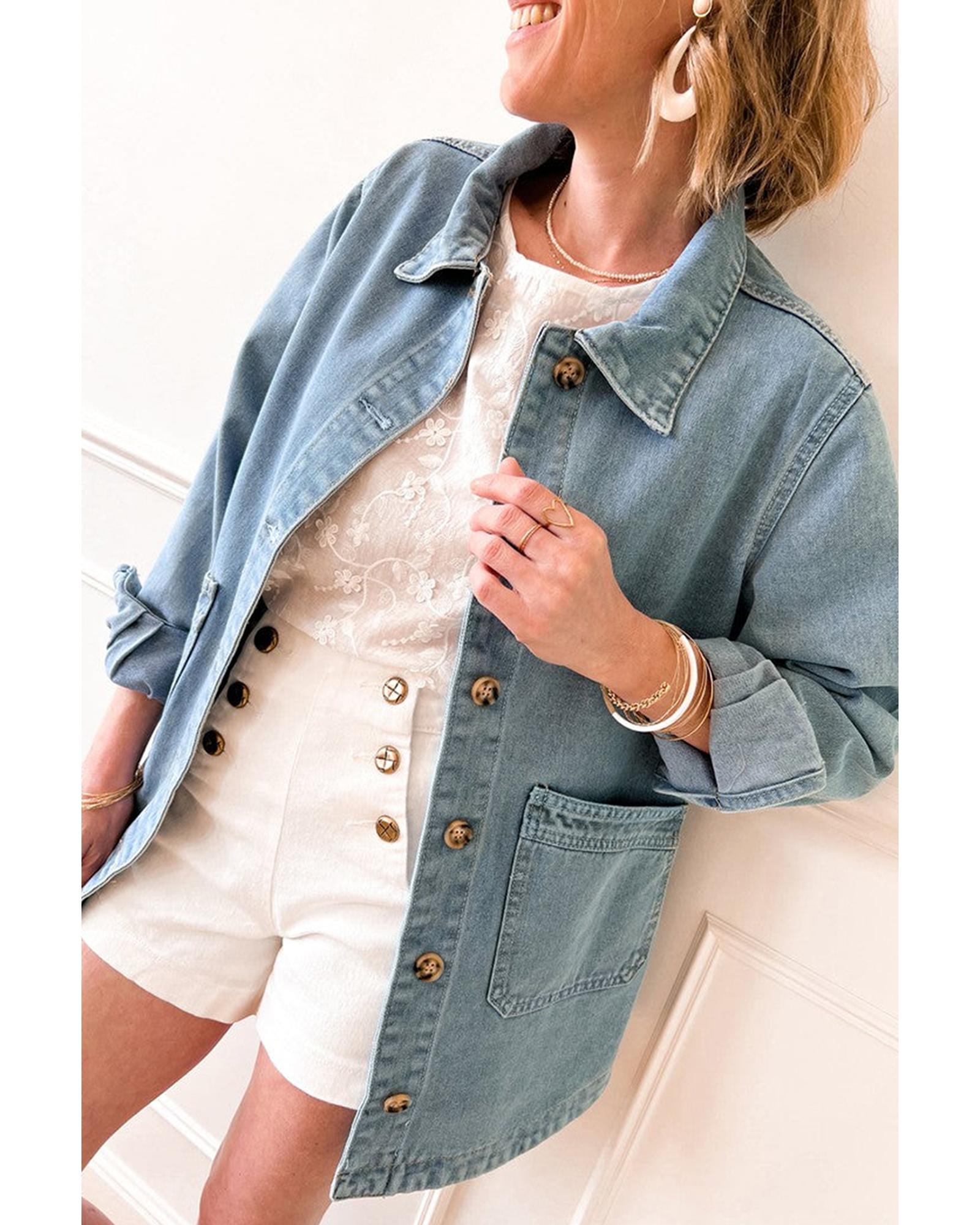 Dusk Blue Slit Buttons Pocketed Denim Jacket - M 6
