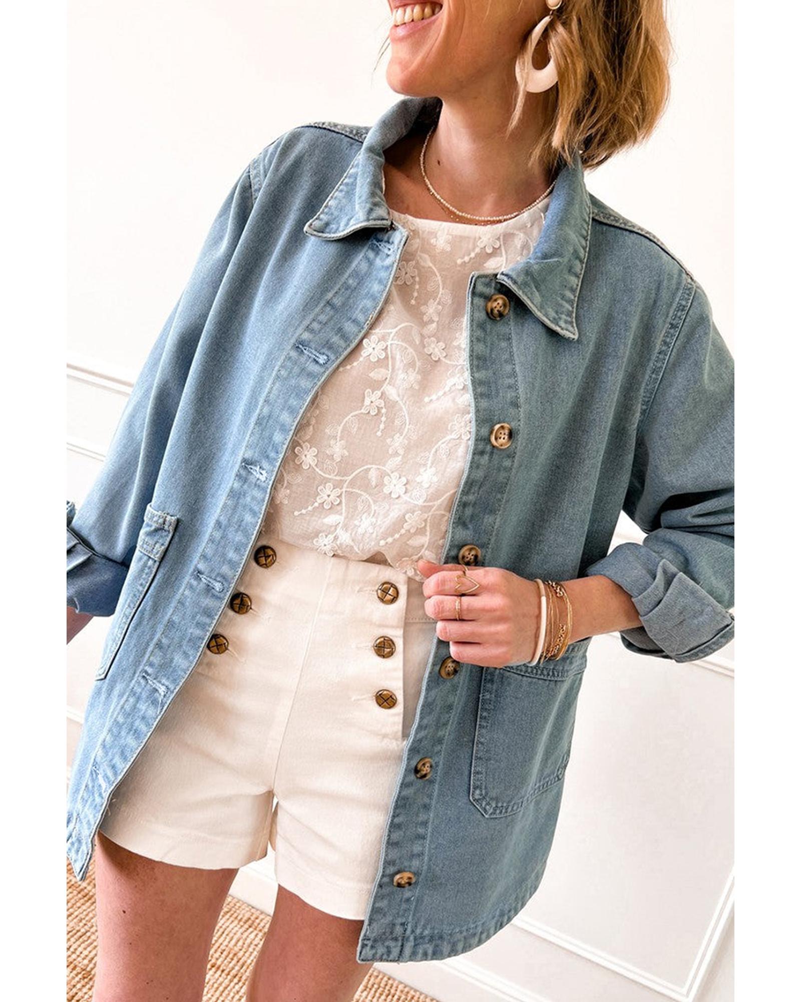 Dusk Blue Slit Buttons Pocketed Denim Jacket - S 5