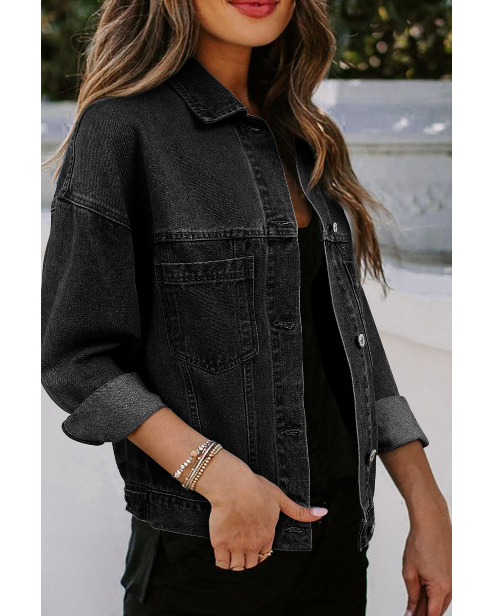 Black Washed Oversize Pocketed Denim Jacket - M 7