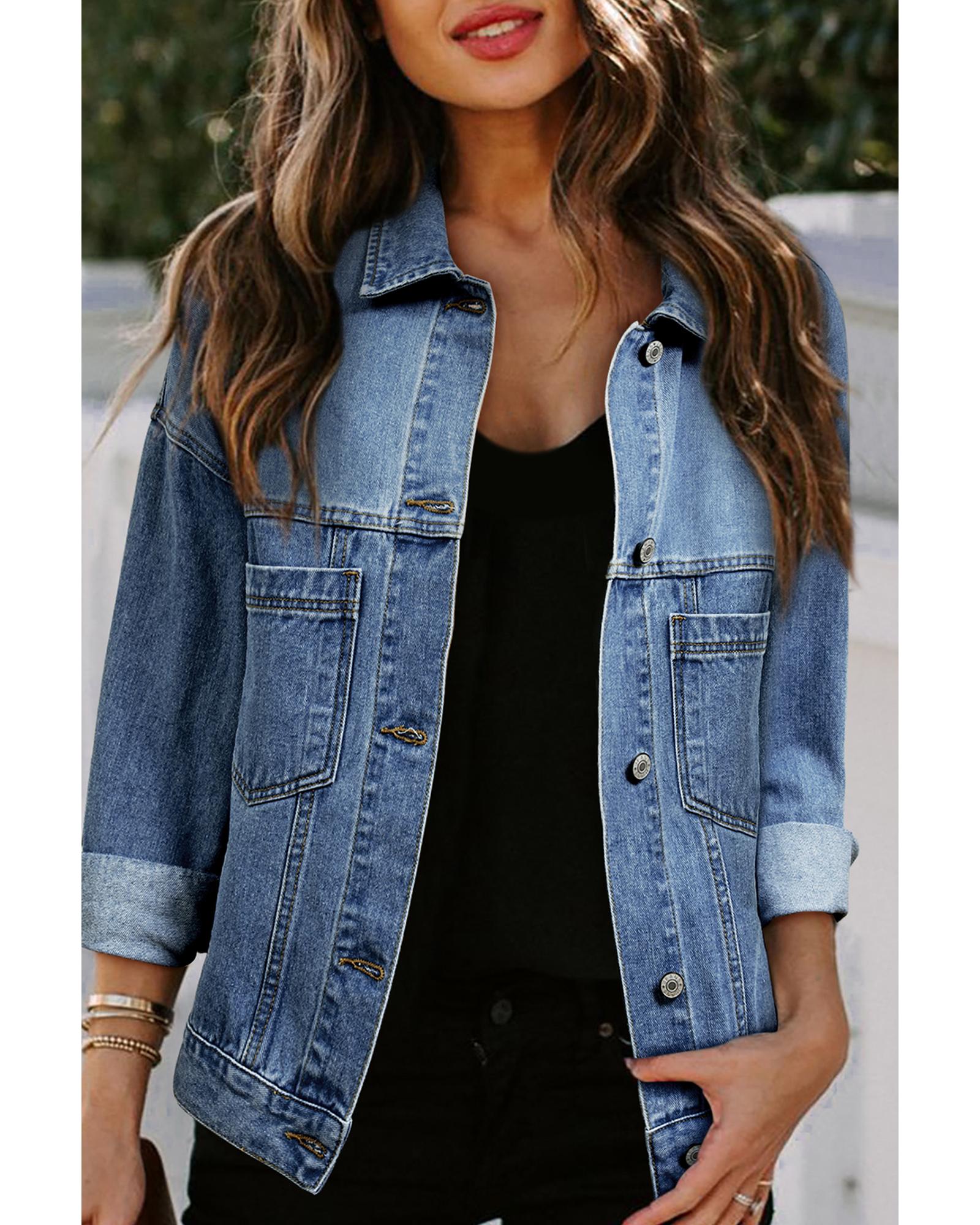 Light Blue Washed Oversize Pocketed Denim Jacket - L
