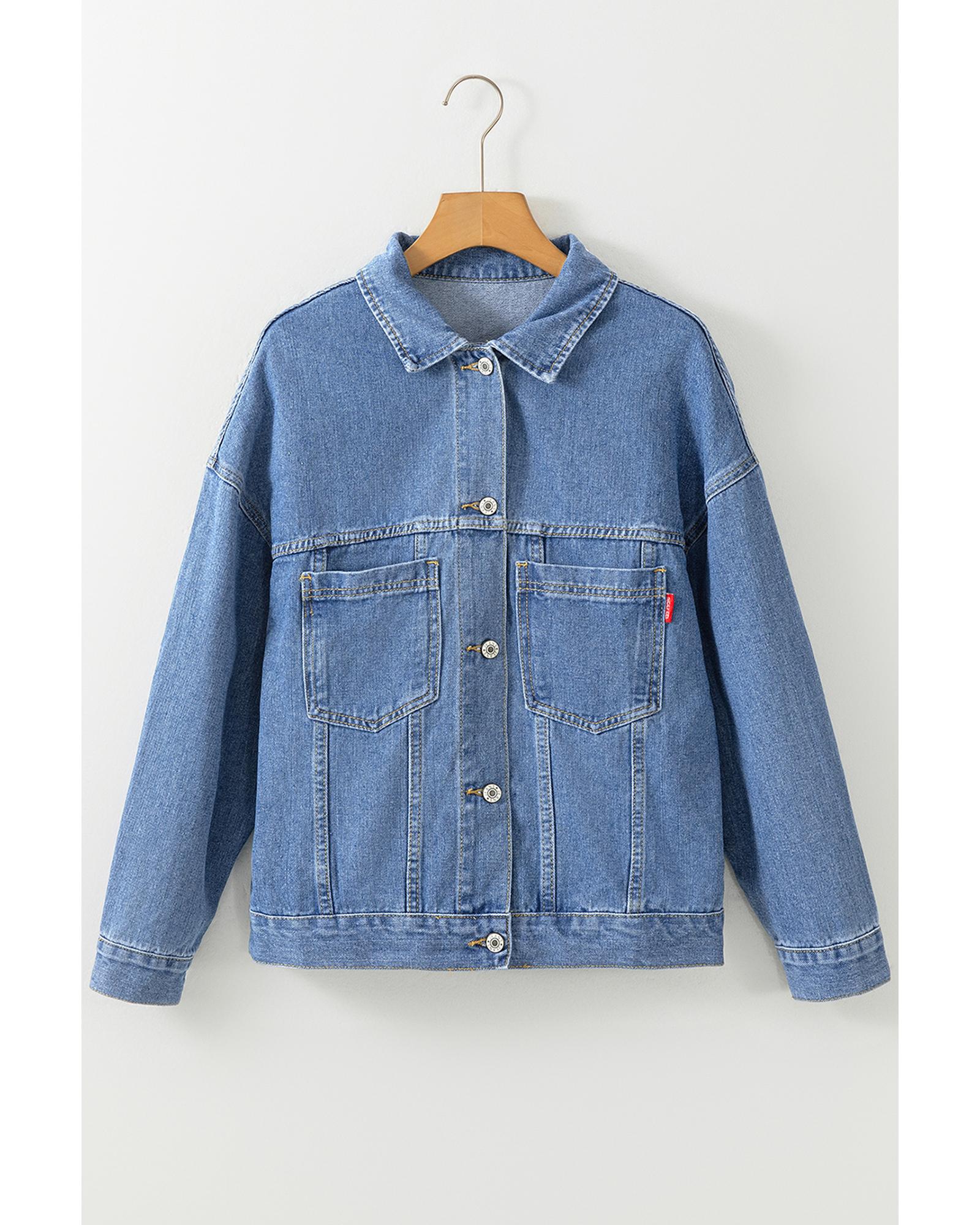Light Blue Washed Oversize Pocketed Denim Jacket - L 3