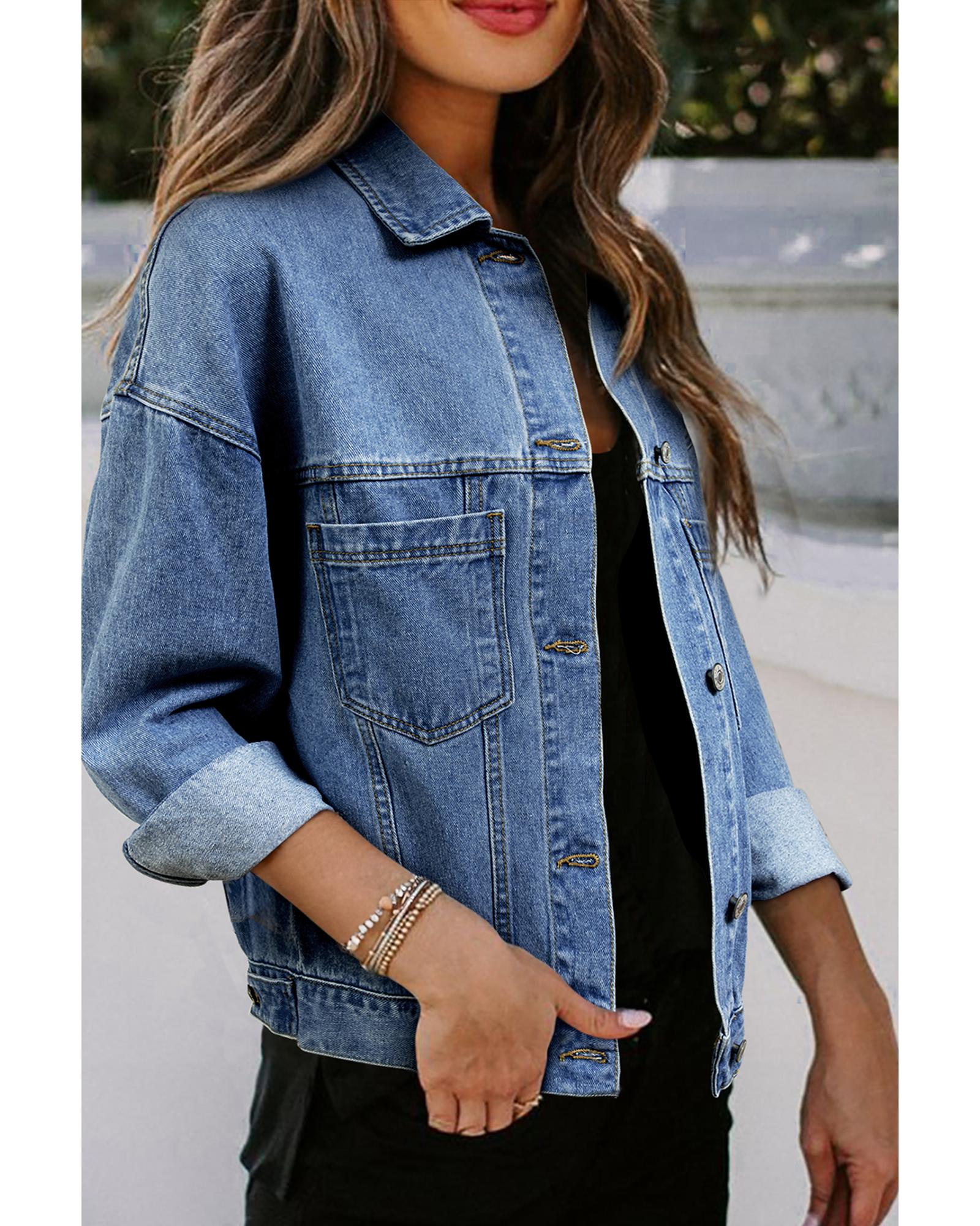 Light Blue Washed Oversize Pocketed Denim Jacket - L 4