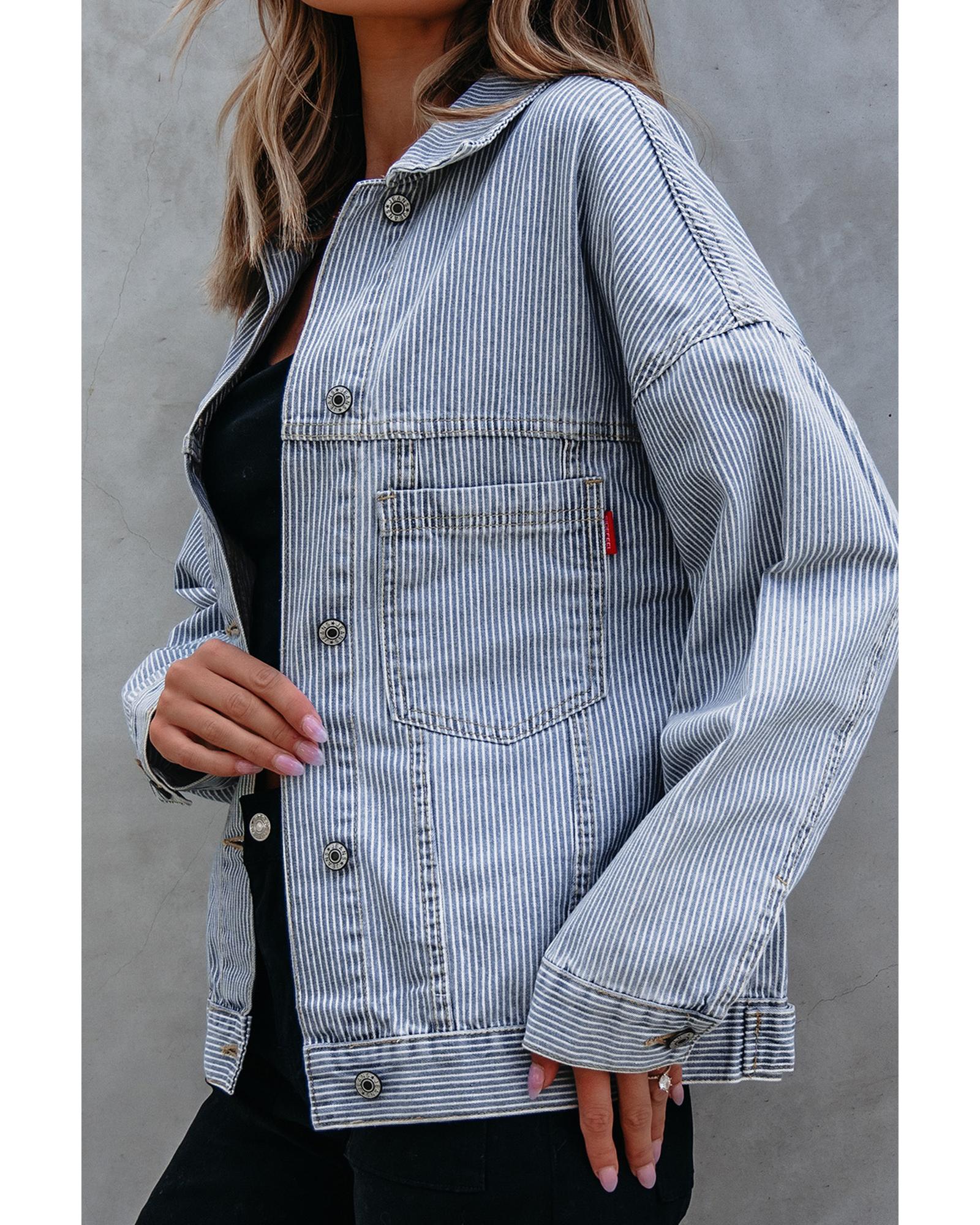 Sky Blue Stripe Washed Oversize Pocketed Denim Jacket - L