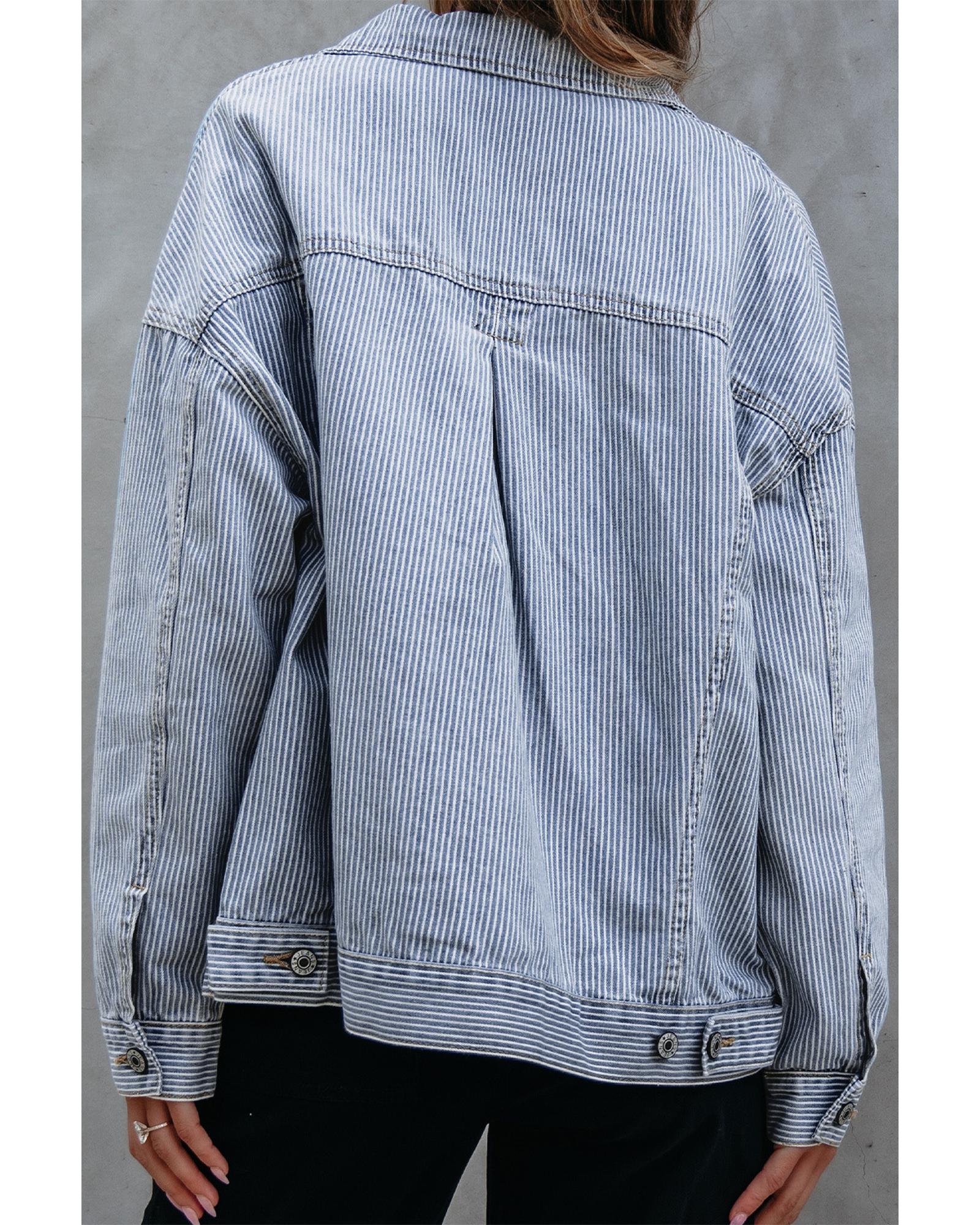 Sky Blue Stripe Washed Oversize Pocketed Denim Jacket - M 3
