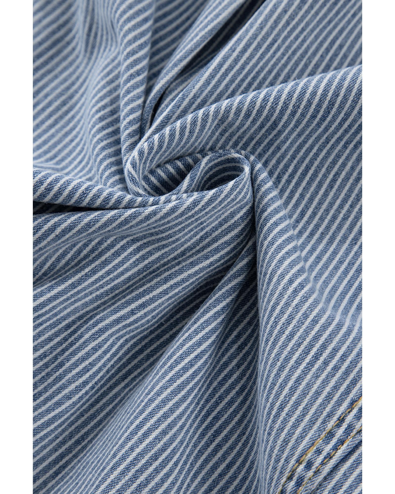 Sky Blue Stripe Washed Oversize Pocketed Denim Jacket - M 6